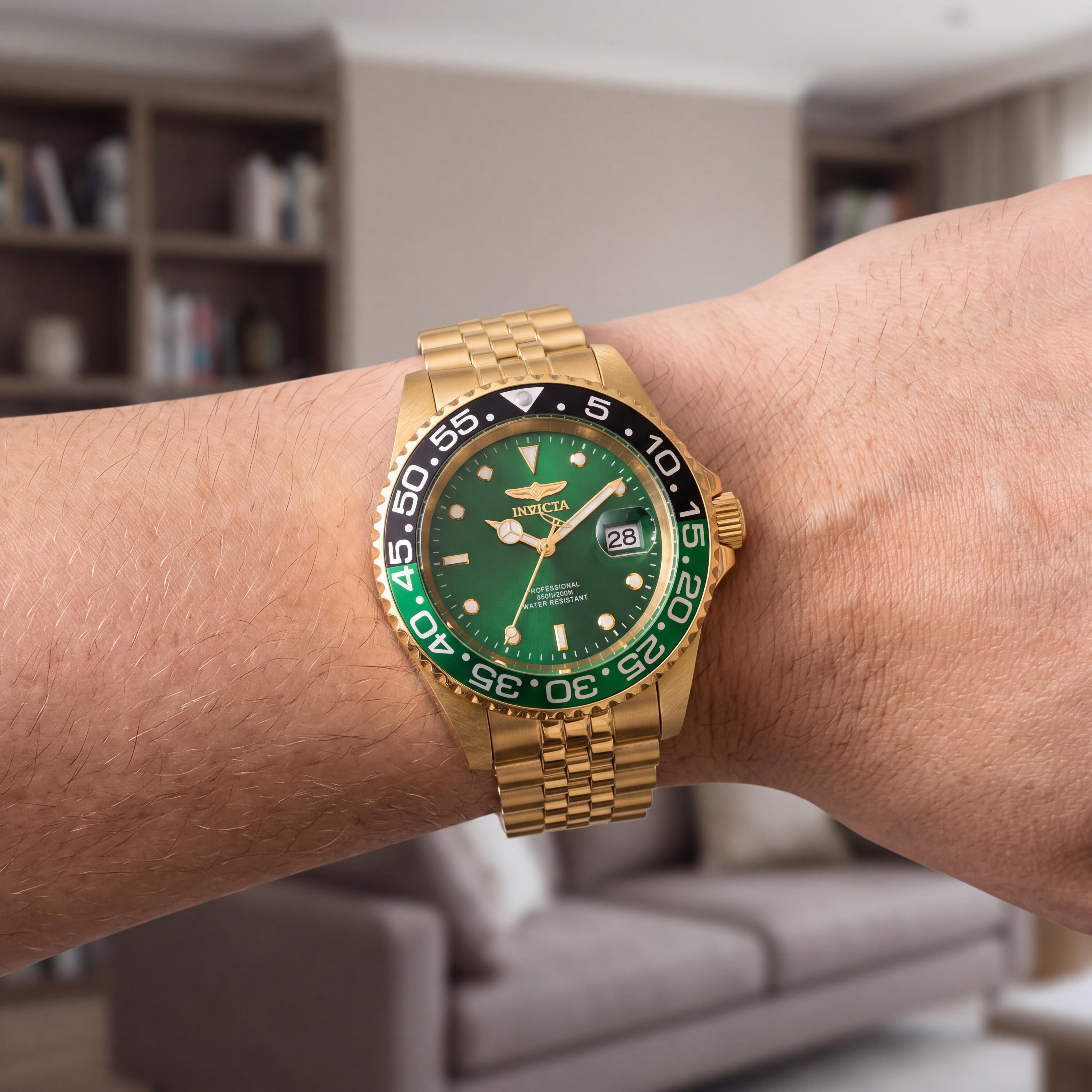 Invicta Pro Diver 36044 Reloj unisex luminoso de cuarzo de acero inoxidable dorado con esfera verde de 40 mm, Photo 3
