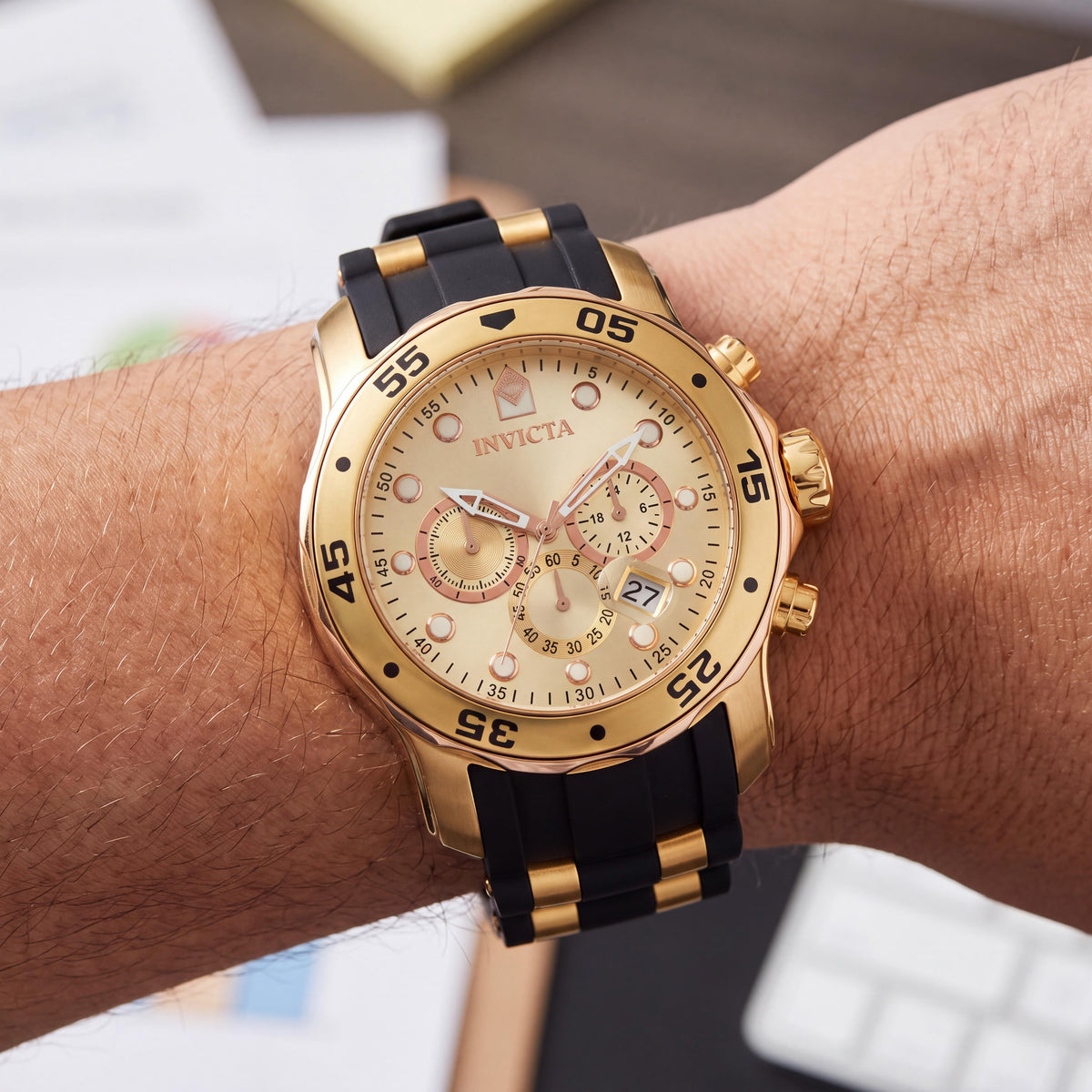 Invicta Men's 49mm Chronograph Water Resistant Gold Tone Rose Gold Stainless Steel Polyurethane Watch, Photo 3
