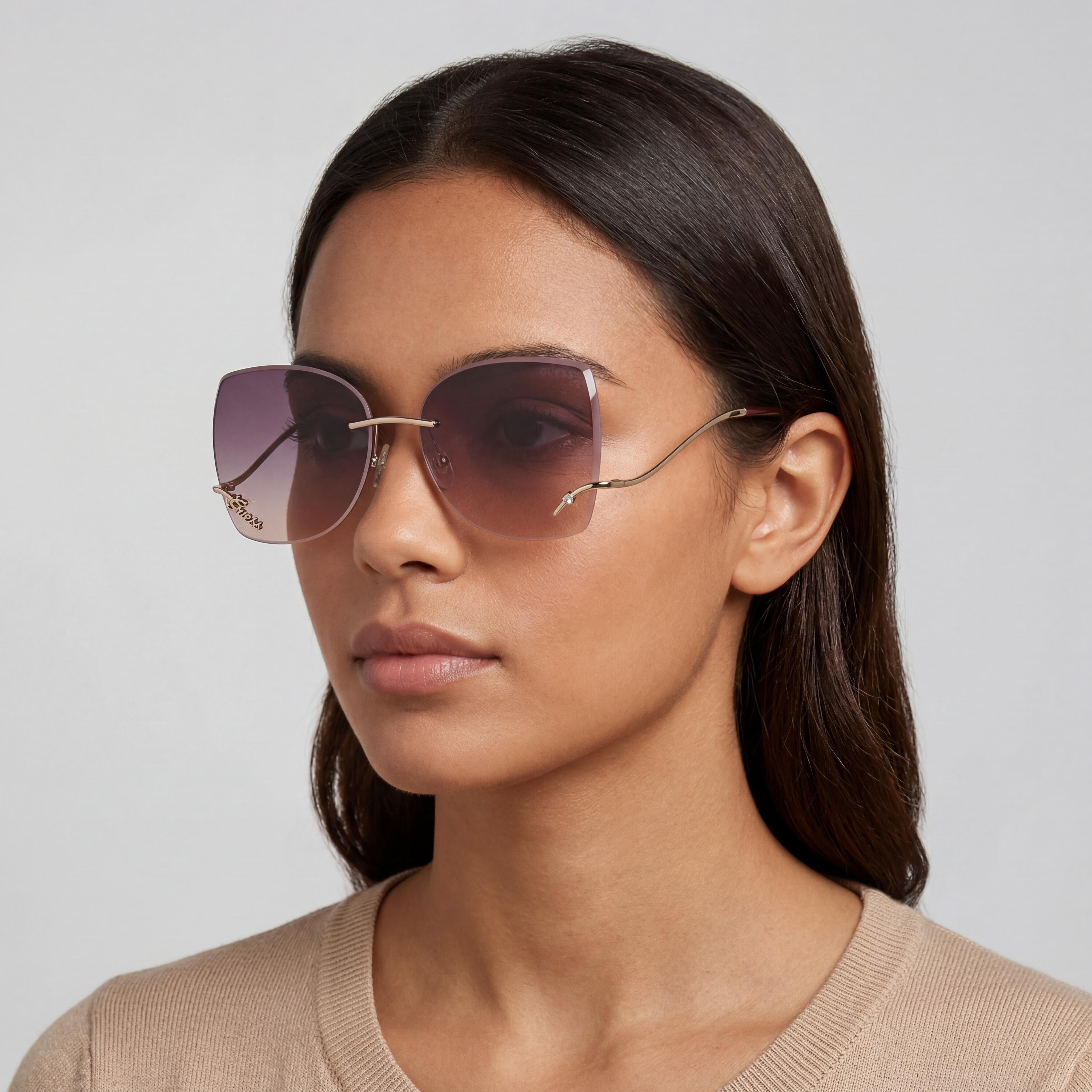 GUESS Raelynn Square Rimless Women's Gold Pink Frame Gradient Gold Mirror Purple Lens Sunglasses 60mm, Photo 5