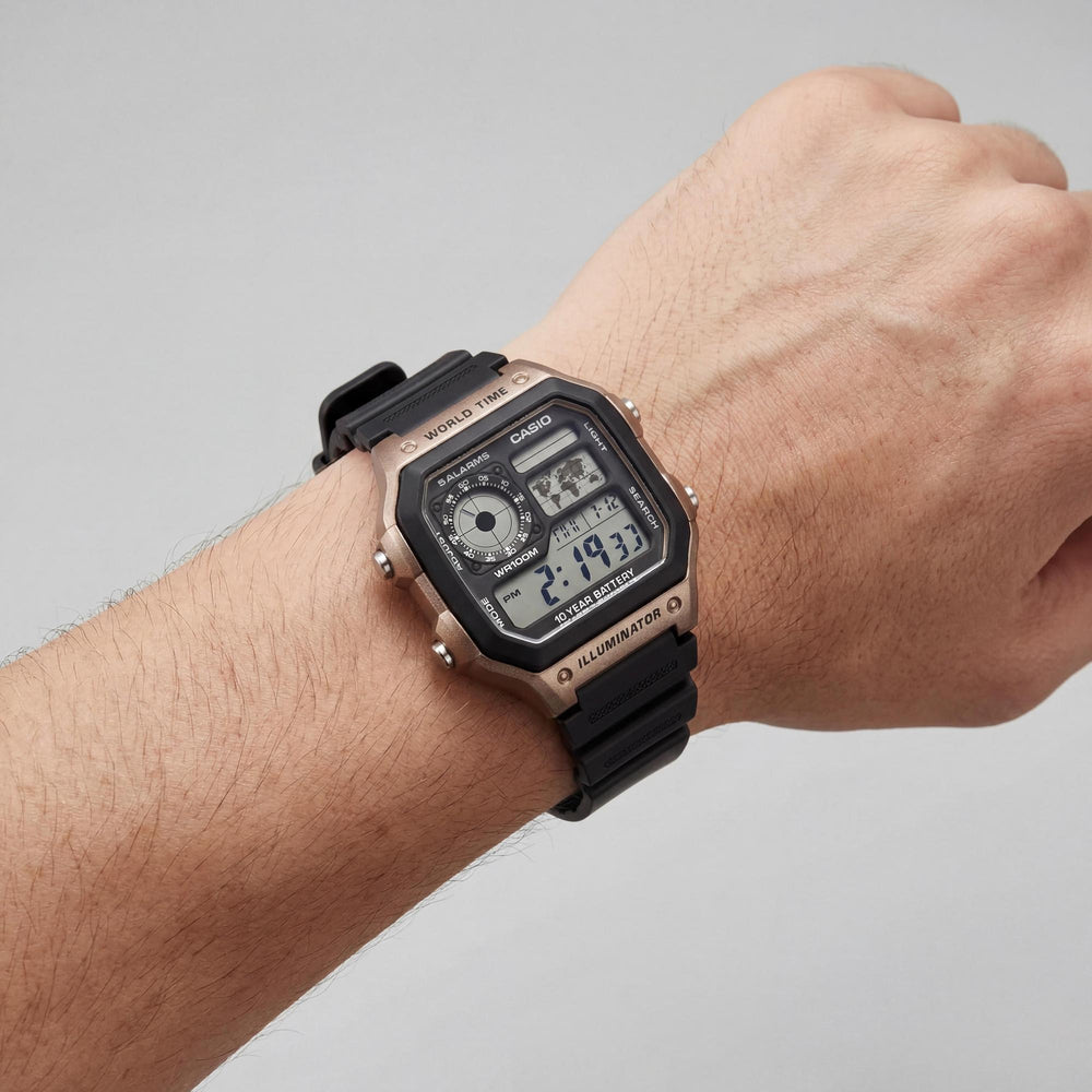 Casio AE-1200WH-5AVCF Men's Black & Gold Multifunction Digital Display Water Resistant Watch, 39.5mm