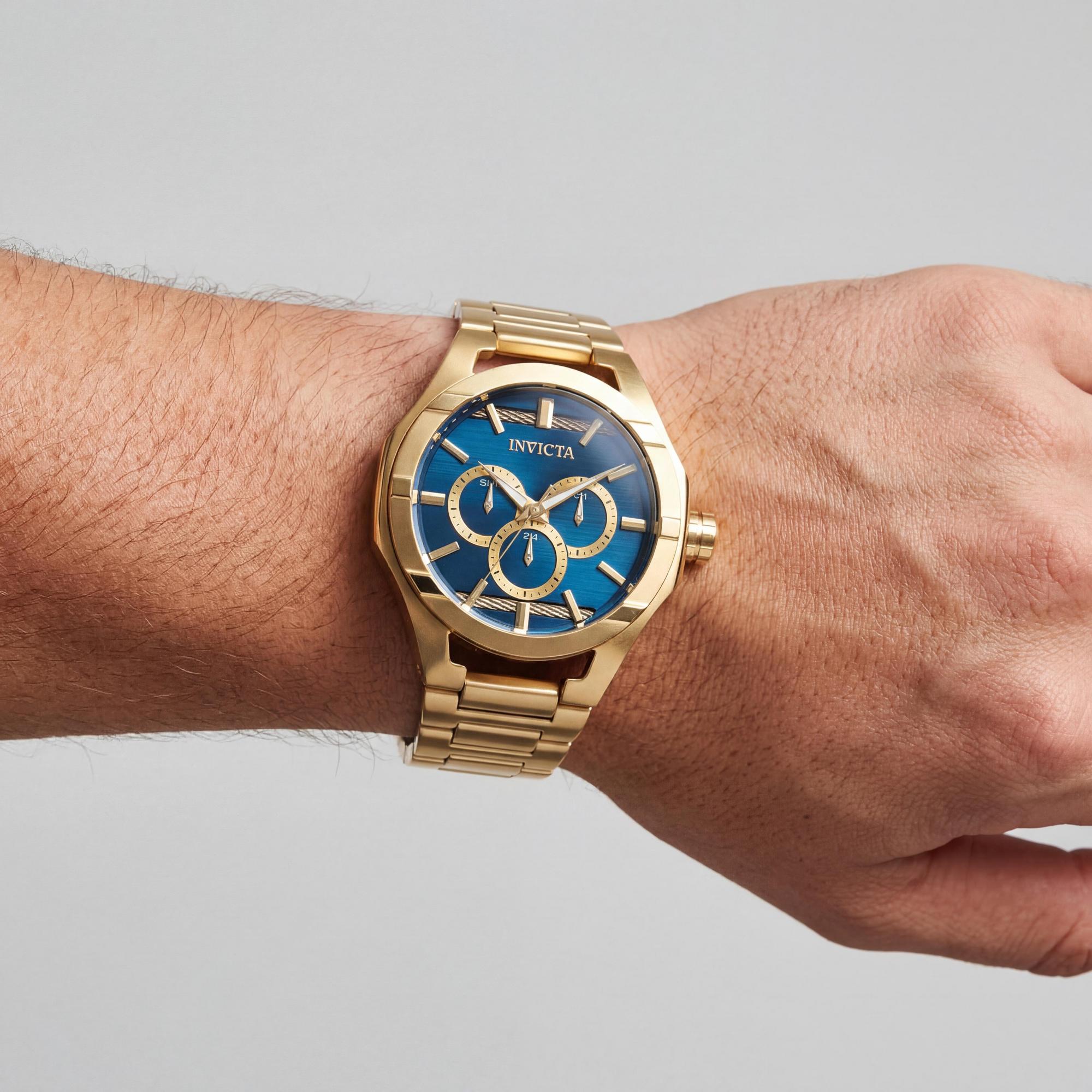 Reloj Invicta para hombre, de acero inoxidable en tono dorado, esfera azul, resistente al agua, día, fecha, 24 horas, 48 ​​mm, Photo 4