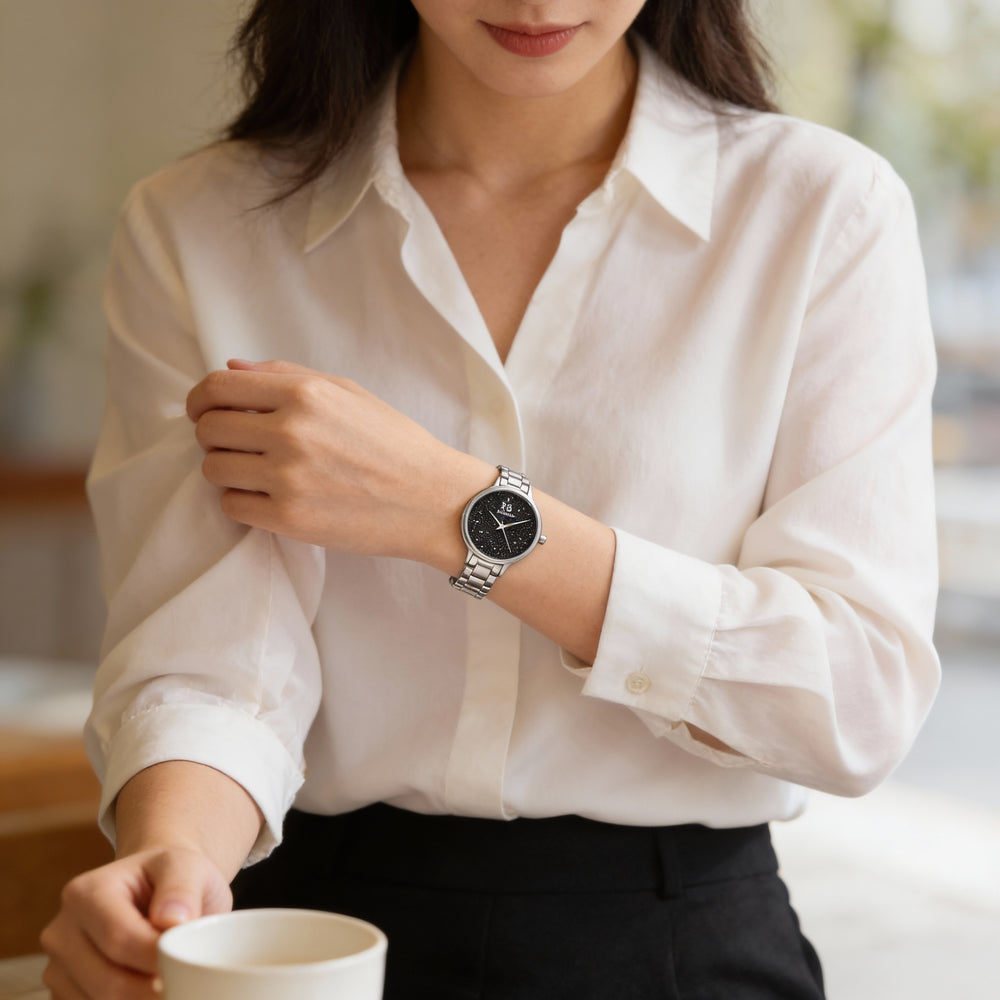 Reloj casual Roberto Bianci para mujer de acero inoxidable negro con esfera adornada con cristales negros