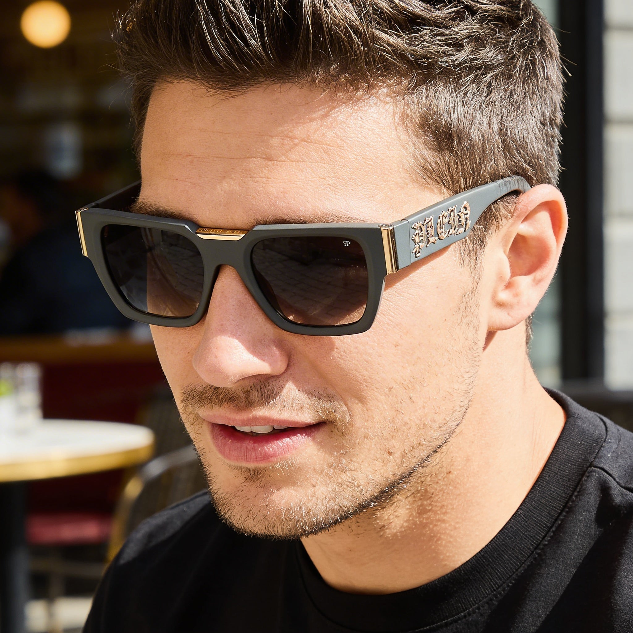 Philipp Plein Spp095m Men's Plastic Matte Grey UV Protected Sunglasses with Smoke Gradient Lenses 52mm, Photo 4