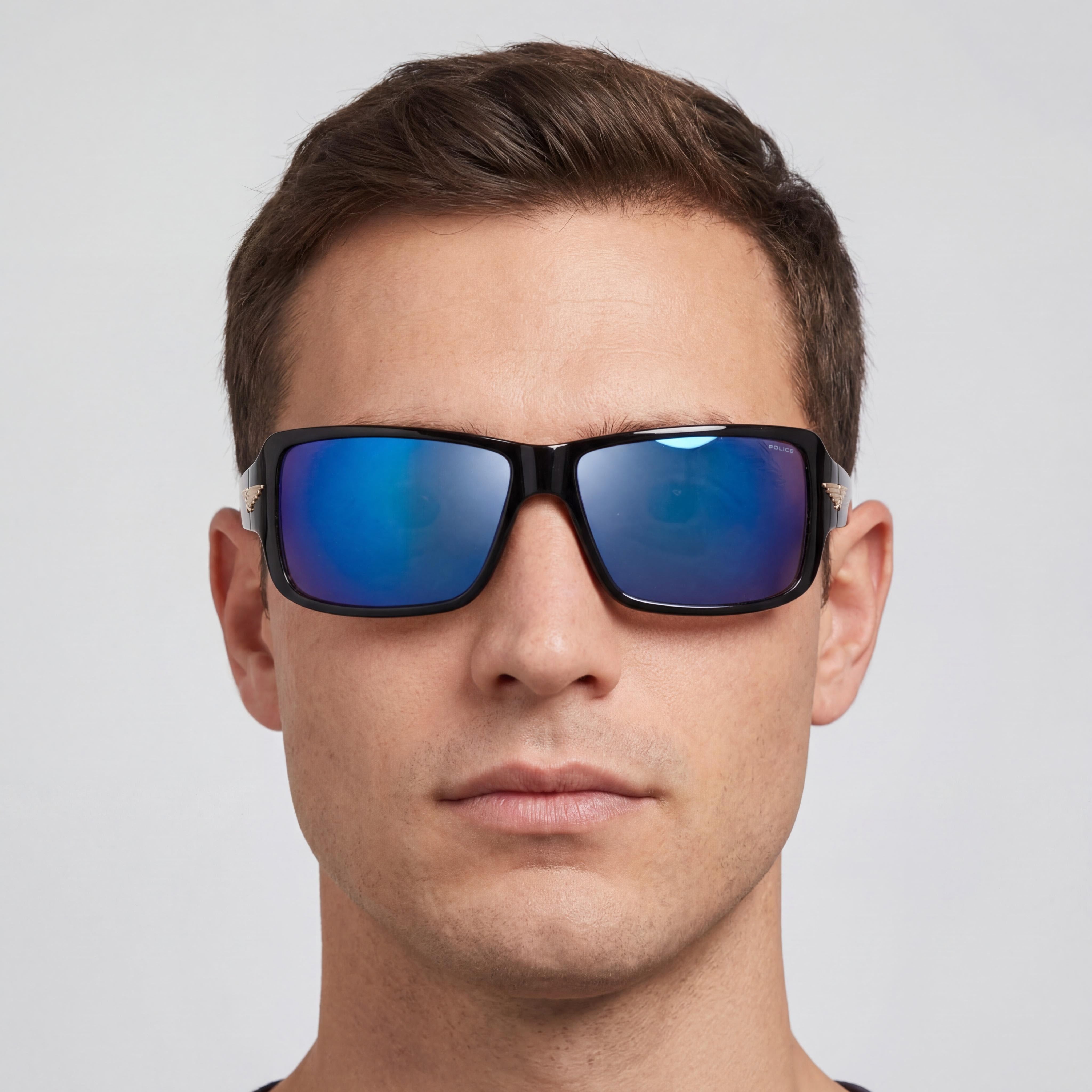Gafas de sol Police Casual para hombre, sin polarizar, en negro brillante, con lentes azul ahumado espejado, 65 mm, Photo 5