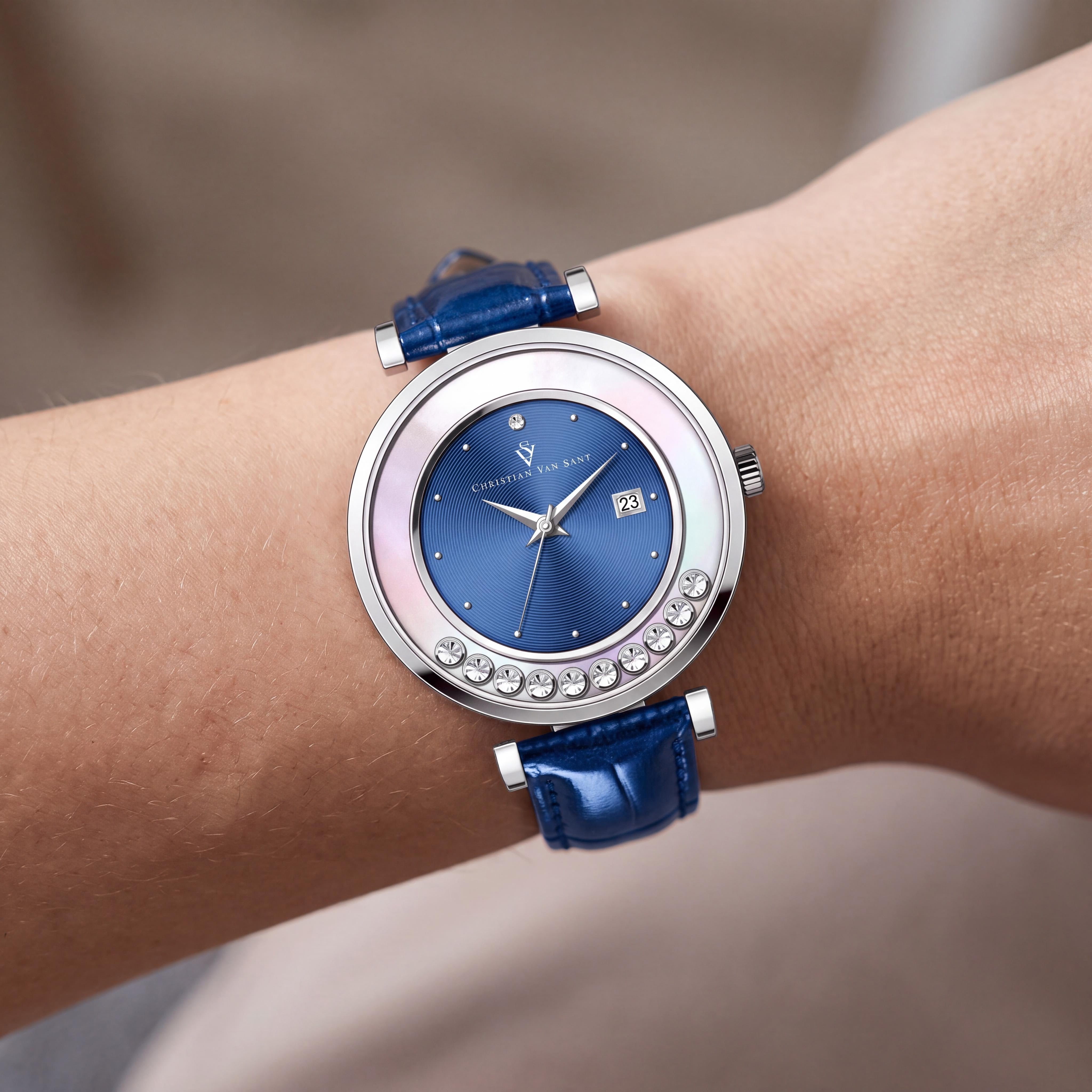 Christian Van Sant CV3812 Modern Women's Blue Dial Stainless Steel Leather Strap Water Resistant Quartz Watch, Photo 4