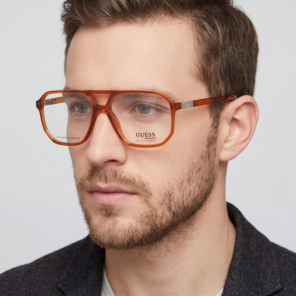 Gafas ópticas Guess modernas unisex, montura de plástico de borde completo brillante de color marrón claro, 57-14-145 mm