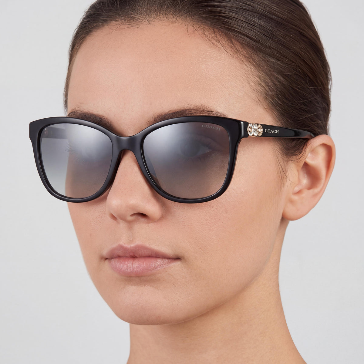 Gafas Coach HC8187B-500211-54 para mujer, montura cuadrada de acetato negra con detalles plateados y dorados, lentes negras, aptas para graduación y con protección UV, 54 mm, Photo 4
