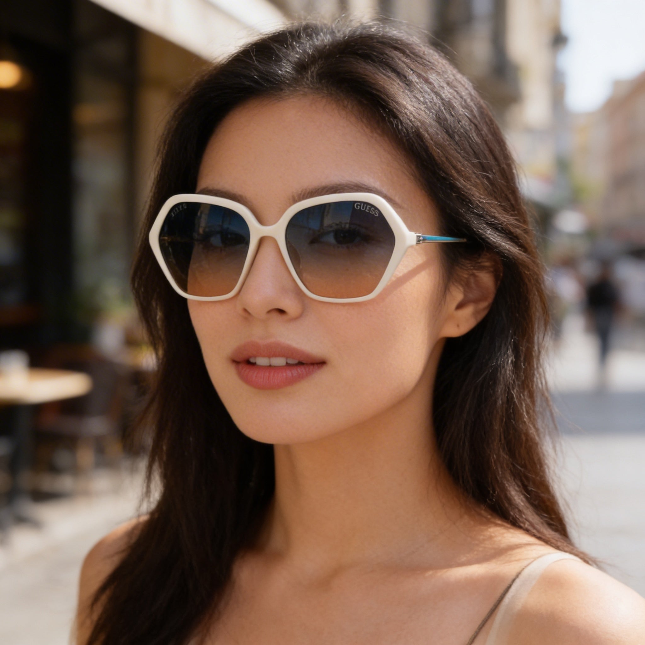 Guess Women's Anastasia Geometric Oversized Sunglasses, White Plastic Frame, Black brilliant Lenses, 55mm, Photo 3