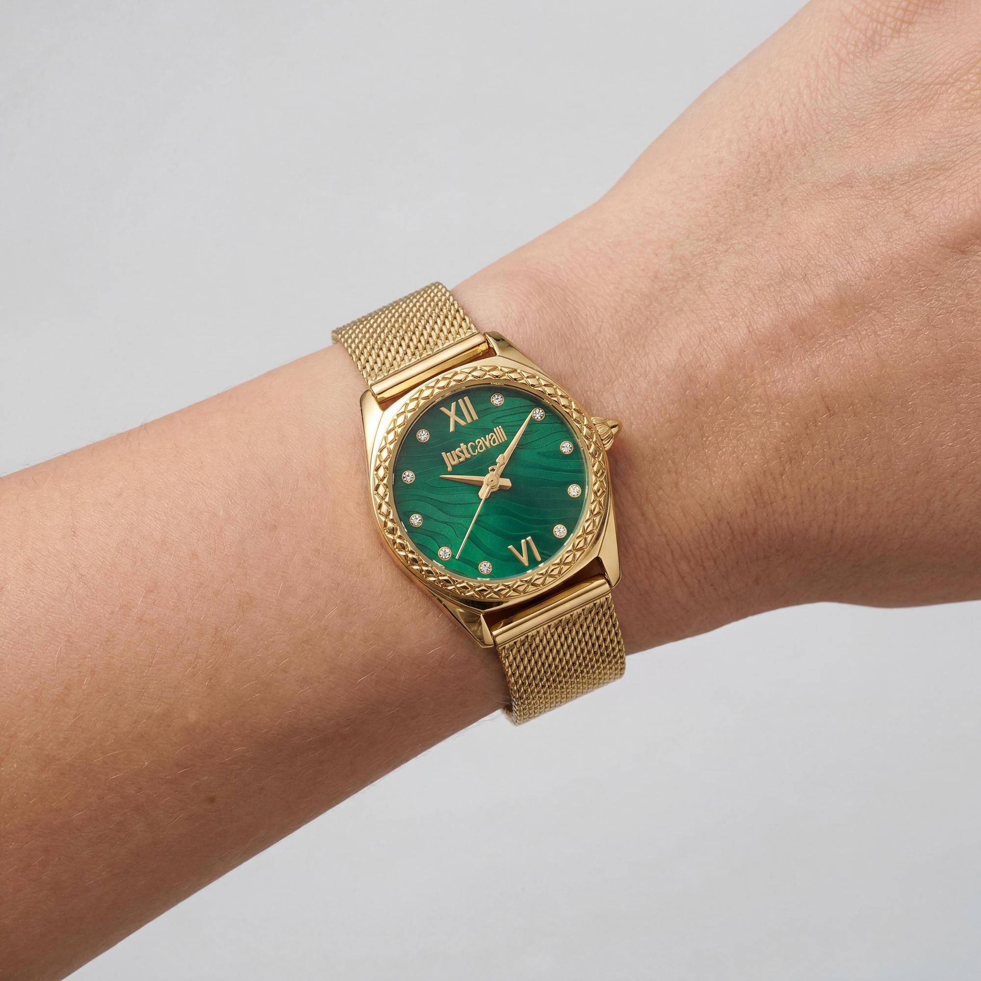 Reloj de cuarzo Just Cavalli Animalier para mujer, de acero inoxidable y oro amarillo de 30 mm, esfera verde botella y números arábigos., Photo 3