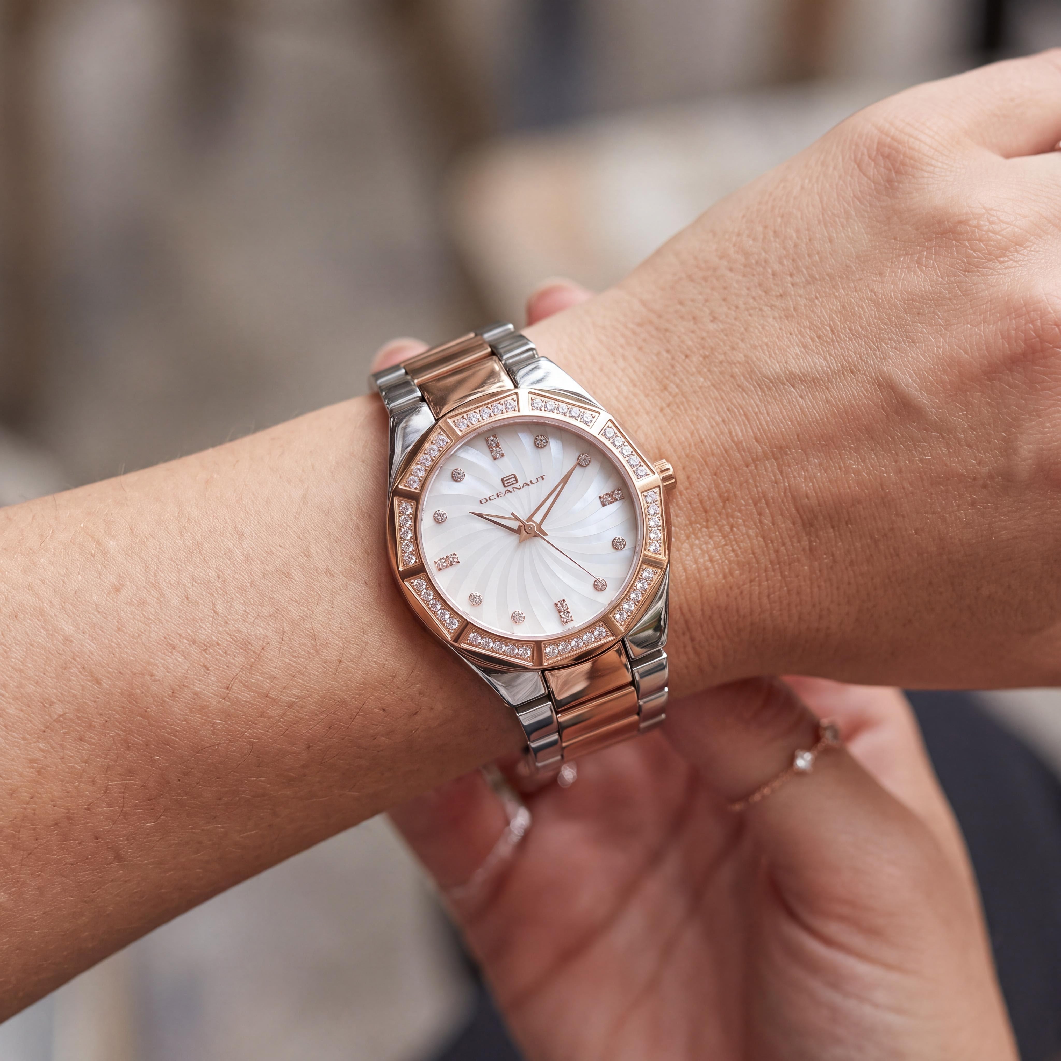 Oceanaut OC0251 Athena Women's Watch, White Mother of Pearl Dial with Crystal-Embellished Bezel and Markers, Photo 4