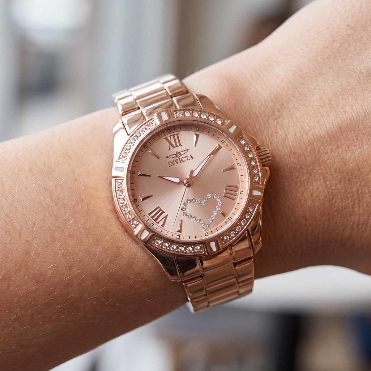 Invicta Angel Collection 21417 Reloj de pulsera de cuarzo de acero inoxidable con esfera de oro rosa de 34 mm para mujer, Photo 3