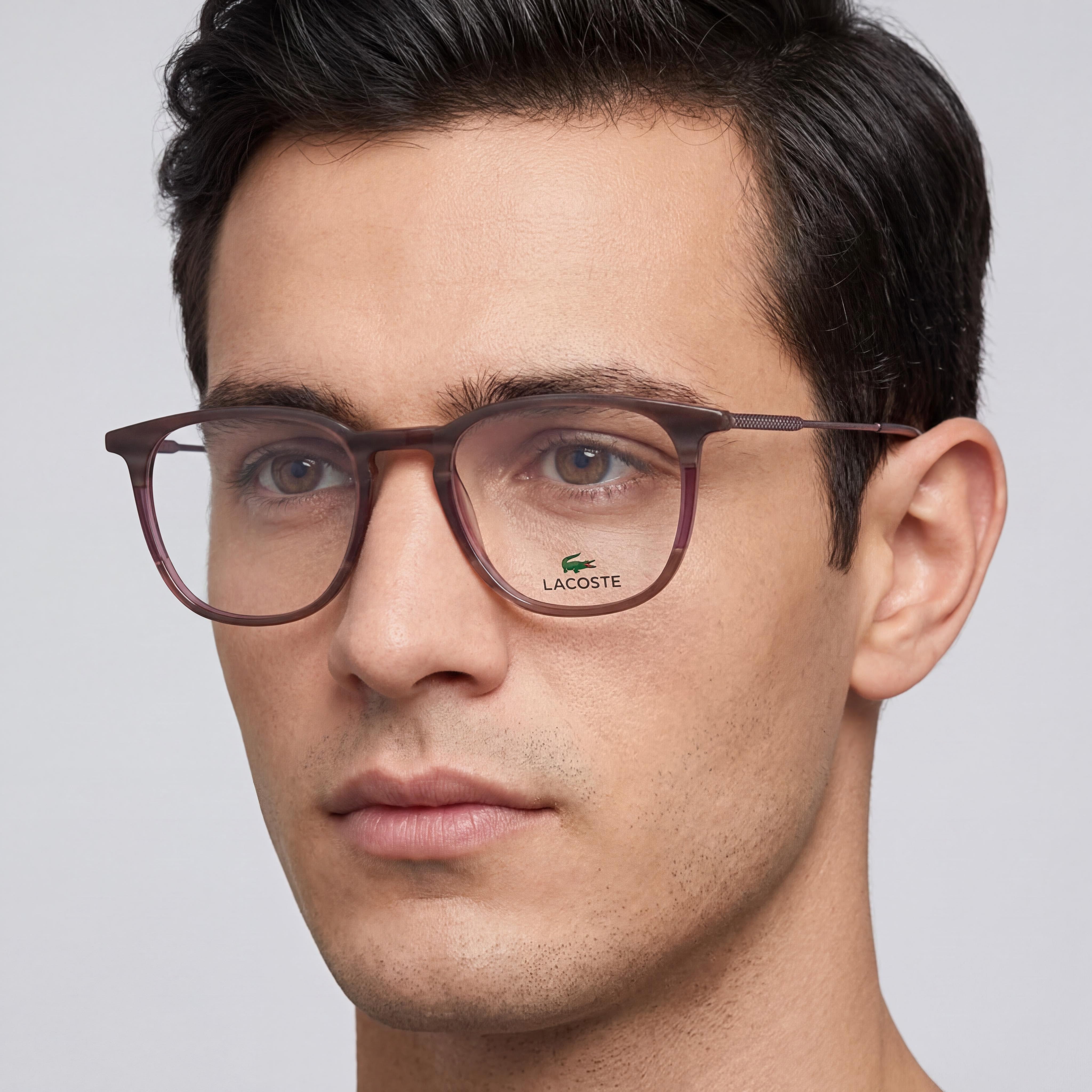 Gafas Lacoste L2828 unisex de acetato con montura a rayas en burdeos y gris, y lentes transparentes 50-19-145, Photo 3