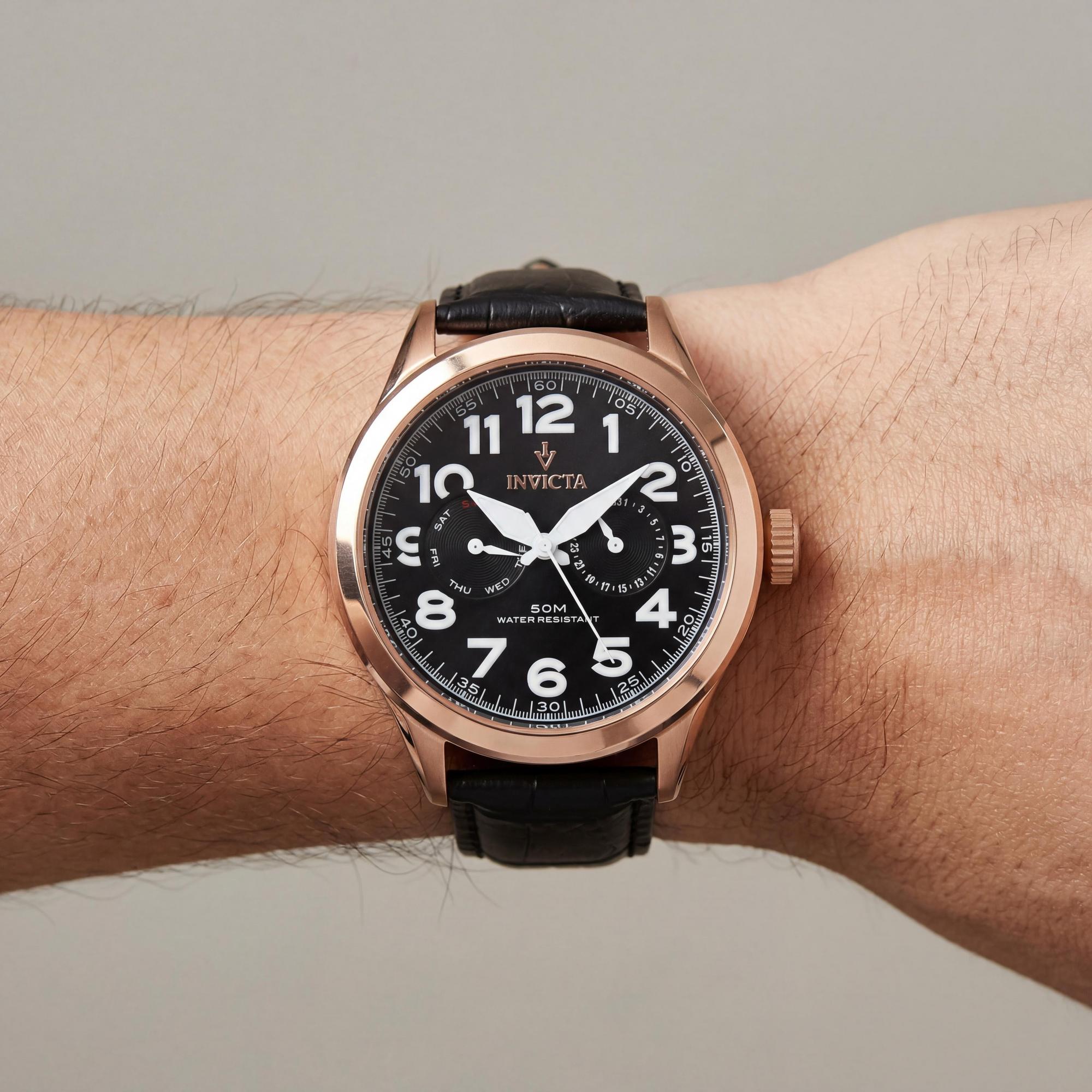 Reloj Invicta VINTAGE para hombre, resistente al agua, de acero inoxidable en tono oro rosa de 45 mm con correa de piel con relieve de cocodrilo., Photo 3