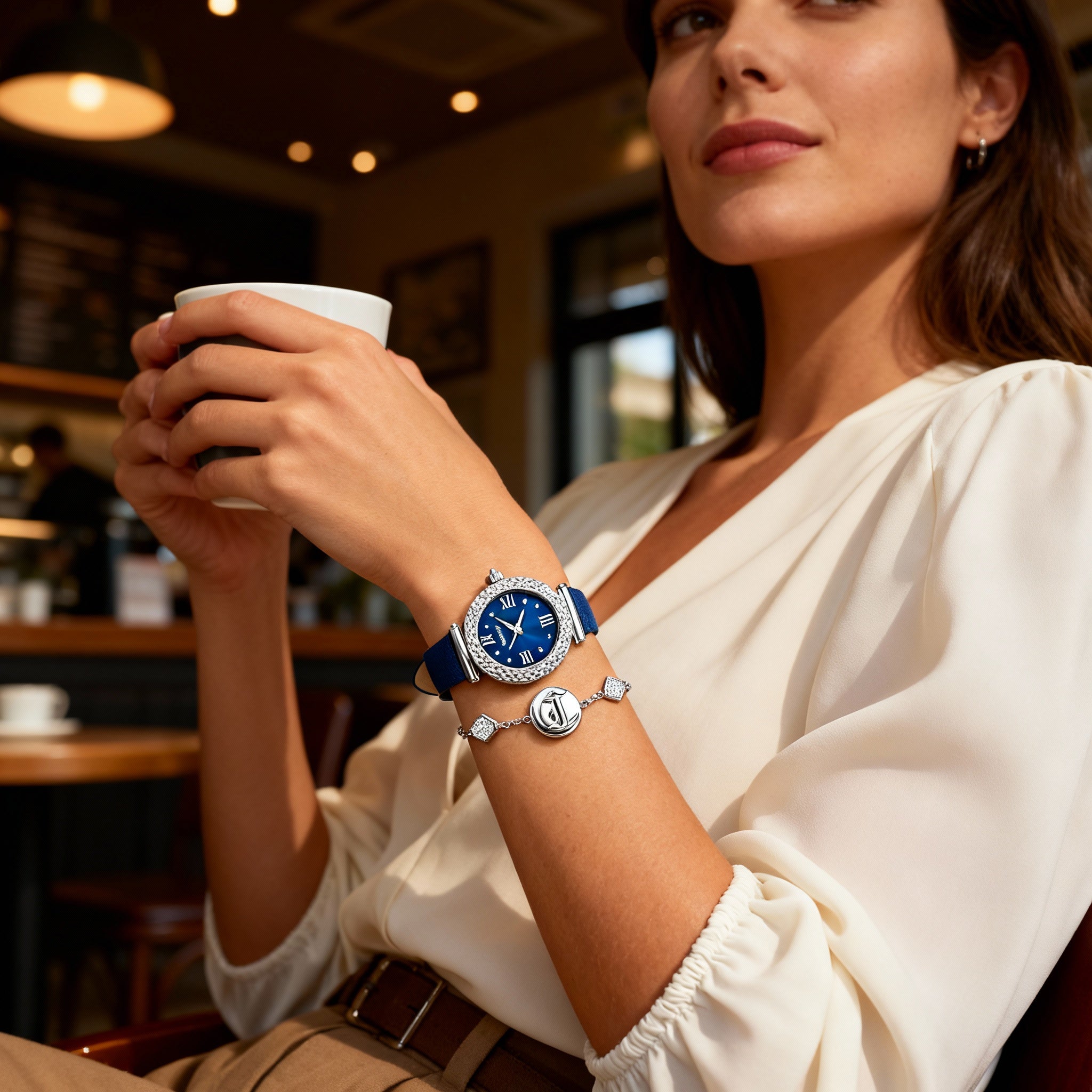 Just Cavalli Fashion Women's Round Silver Stainless Steel Case Midnight Blue Leather Quartz Watch 30mm Mineral Glass, Photo 4