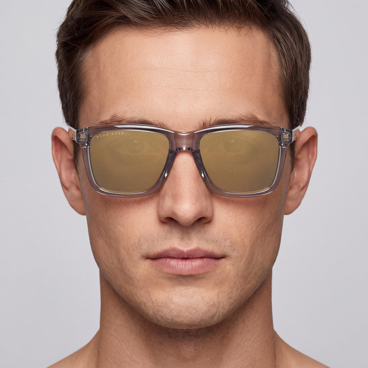 BOSS Classic Men's Transparent Grey Acetate Frame Sunglasses with Green Gold Mirror Lenses 55mm, Photo 3