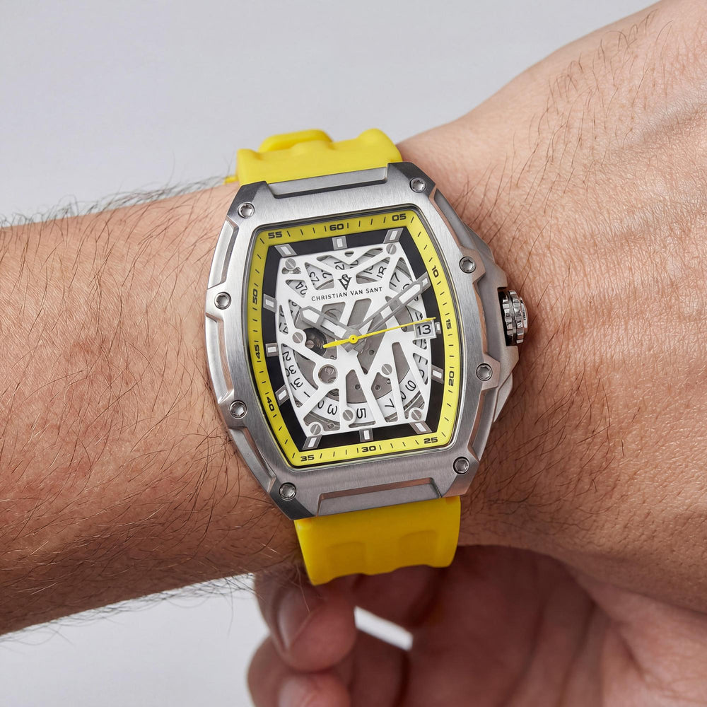 Christian Van Sant Men's Automatic Watch, Yellow Stainless Steel Case, White Dial, Rubber Strap, Water Resistant
