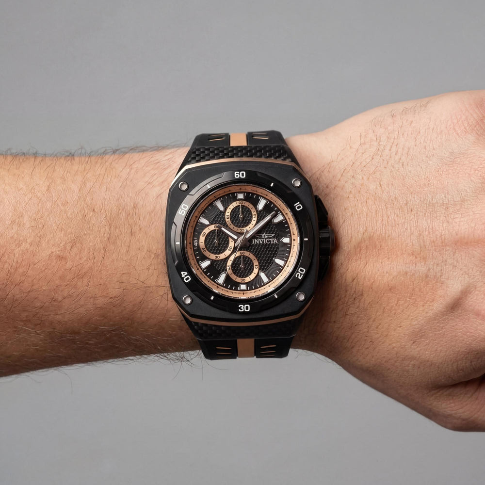 Reloj Invicta IN-46105-AMZUK para hombre, cronógrafo de cuarzo, correa de acero inoxidable, esfera negra, 46 mm