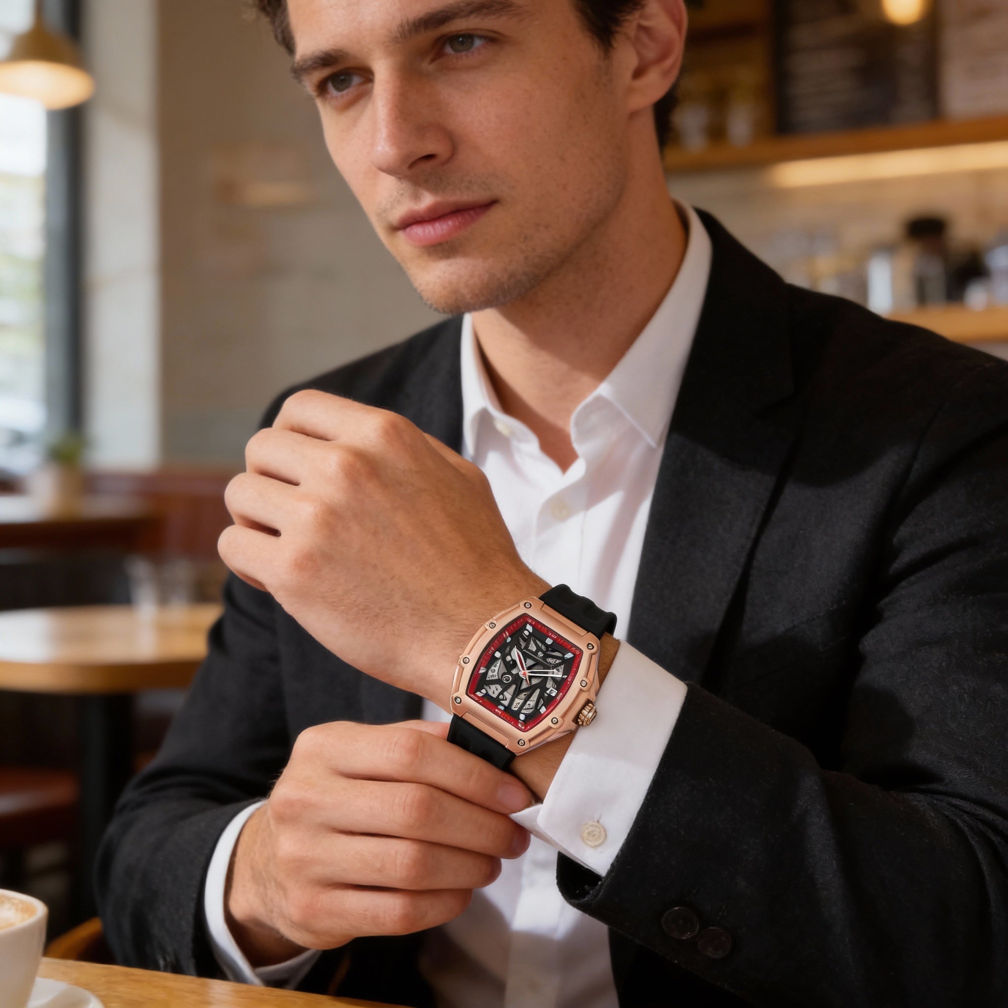 Reloj automático Christian Van Sant para hombre, de acero inoxidable, con esfera negra y correa de caucho, resistente al agua., Photo 4