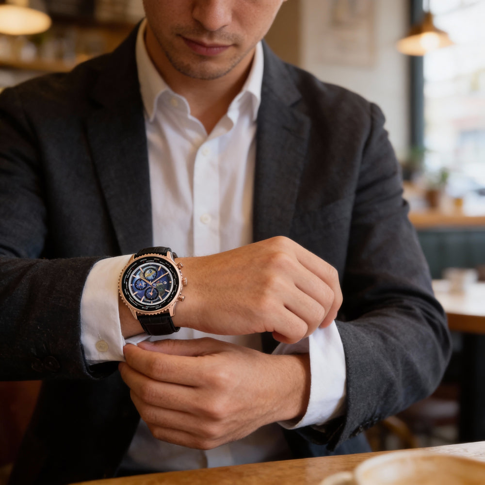 Seapro Modern Men's Blue Dial World Time Quartz Watch with Stainless Steel Case & Leather Strap, 100m Water Resistant