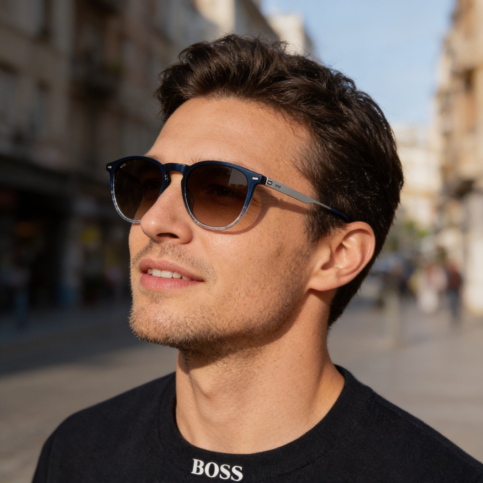 Gafas de sol Hugo Boss Modern para hombre, de acetato azul claro con cuerno de rutenio, sin polarizar, con protección UV, de 52 mm de ancho de lente, Photo 4