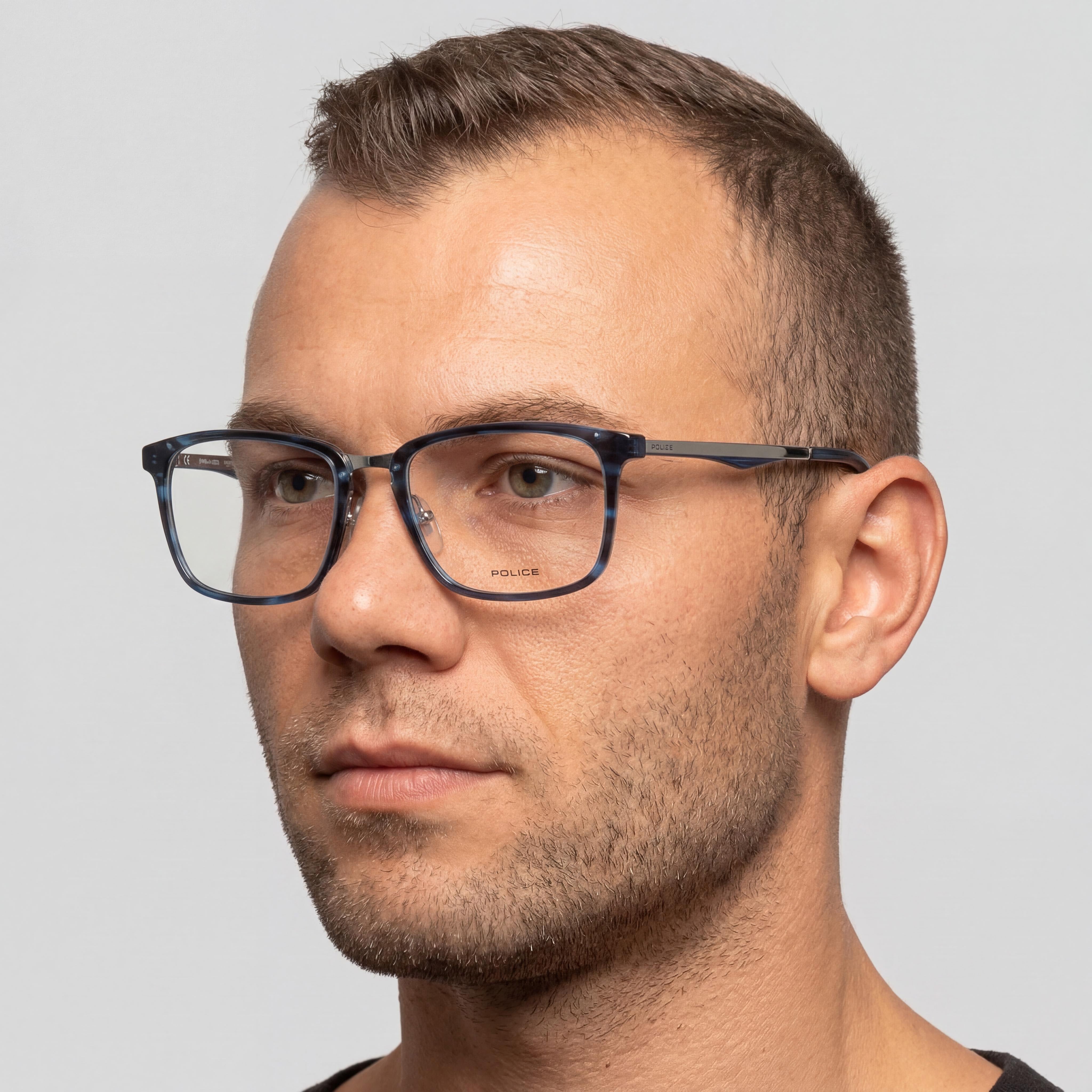 Police Modern Unisex Eyeglasses with Acetate & Metal Frame in Marble Blue, Silver 52-18-140, Photo 3