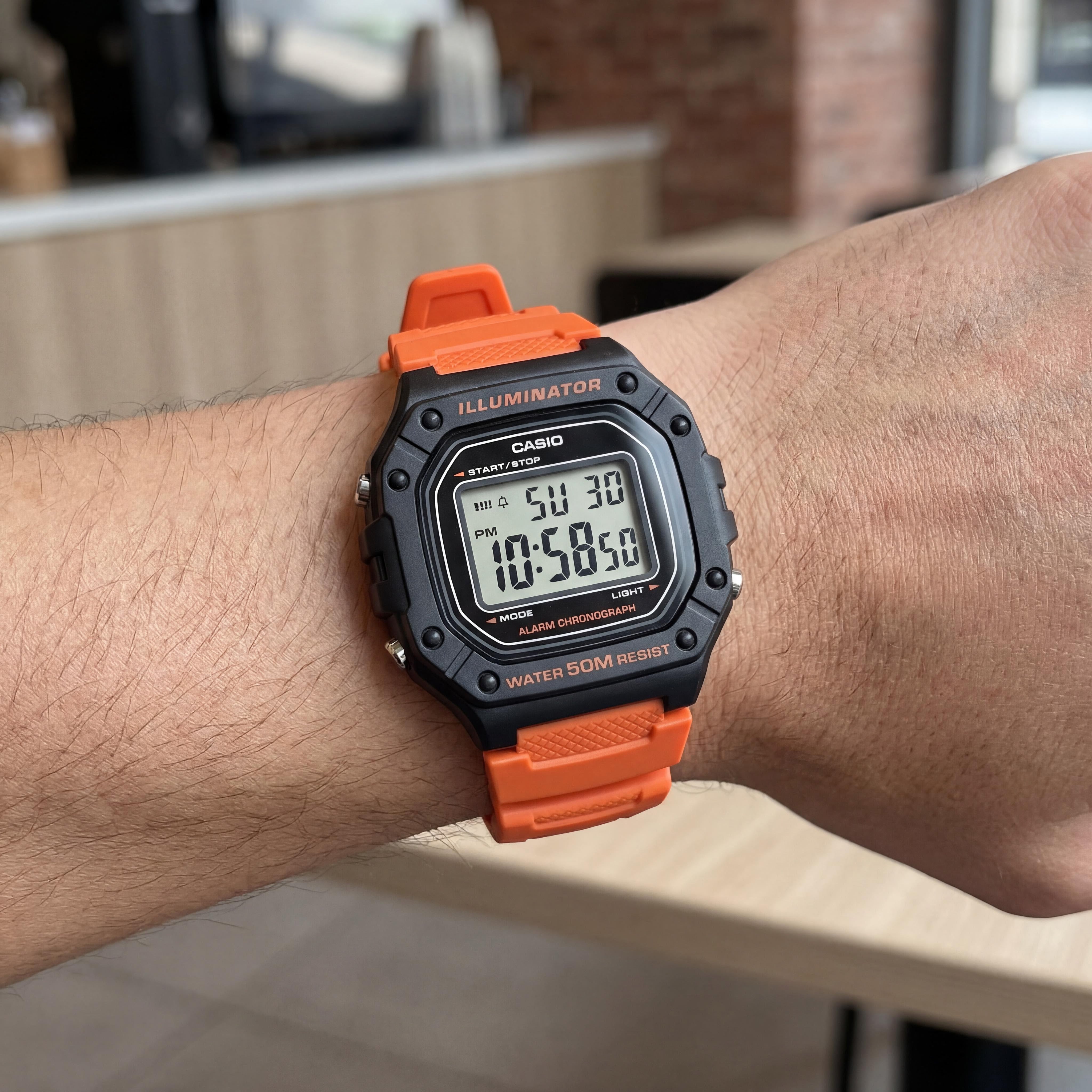 Casio W-218H-4B2VCF Men's 50M Water Resistant Illuminator Stopwatch Auto-Calendar Watch Black Orange 46mm, Photo 3