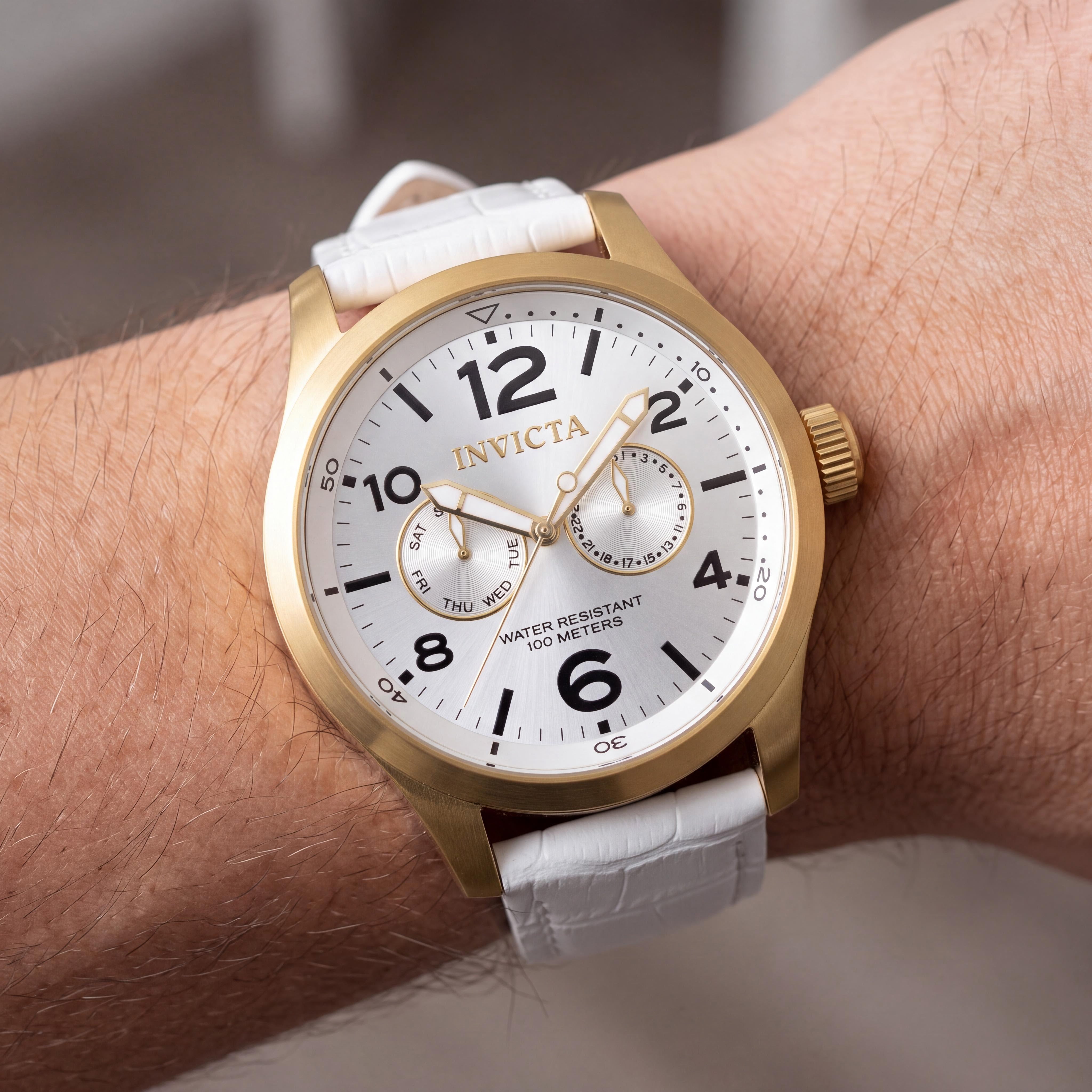 Invicta Casual Men's Silver Quartz, Water Resistant, Gold-Tone Stainless Steel & White Leather Strap Watch, Photo 3