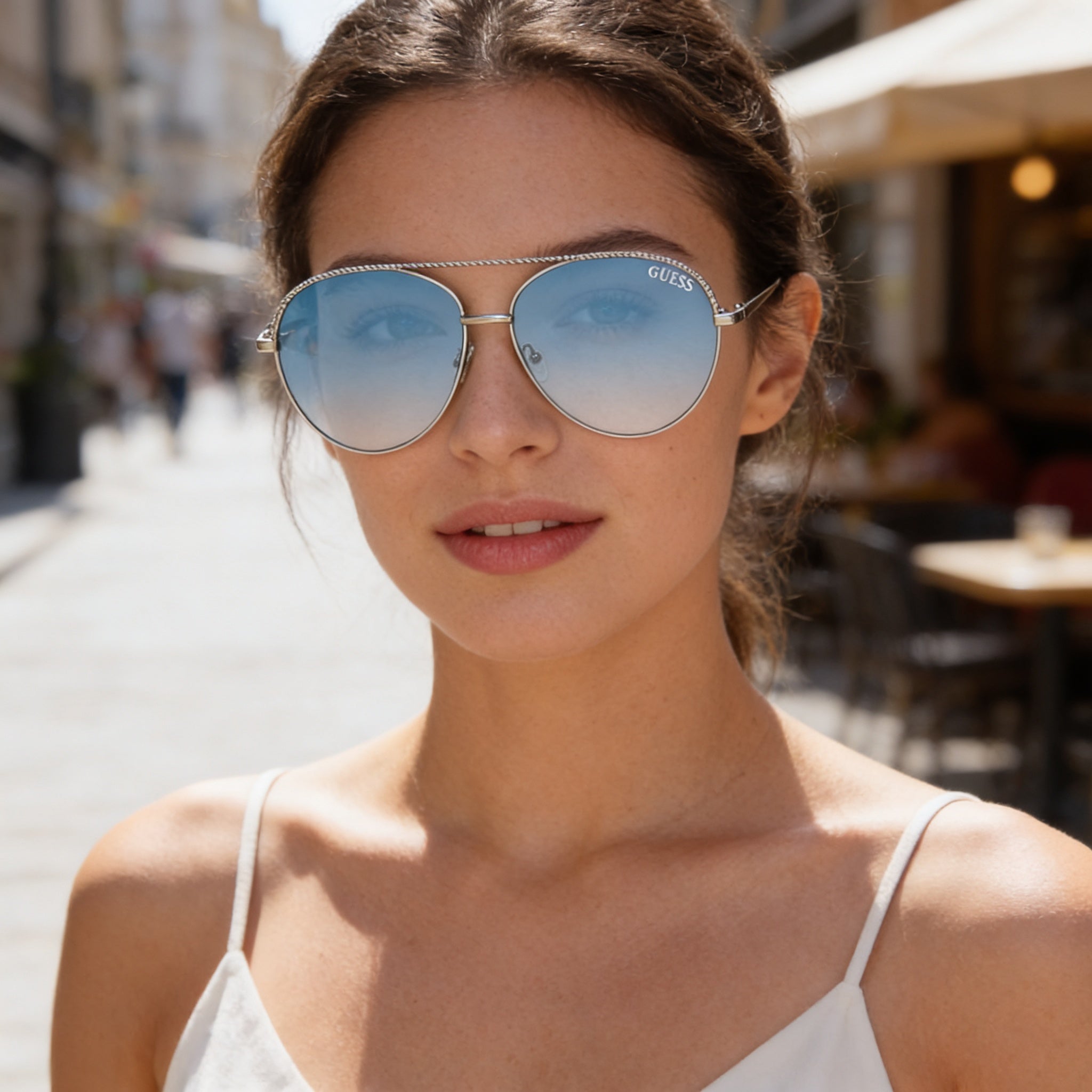 GUESS 63 Mm Gf0391 Women's Shiny Light Nickeltin Gradient Blue Frame Gradient Sunglasses 140mm, Photo 6