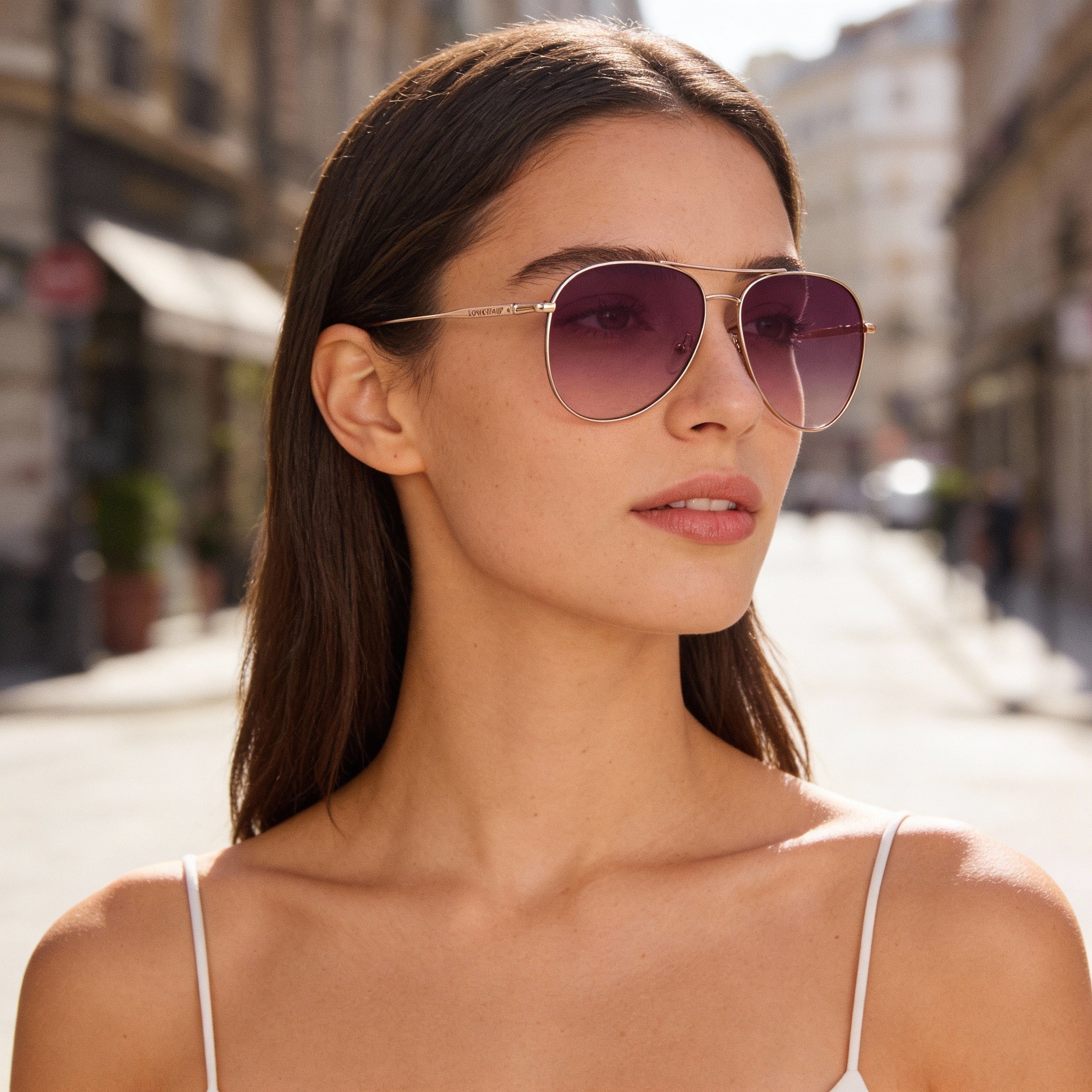 Gafas de sol de piloto modernas LONGCHAMP para mujer, montura de metal dorado rosa, lentes de plástico rosa degradado, 59 mm, Photo 5