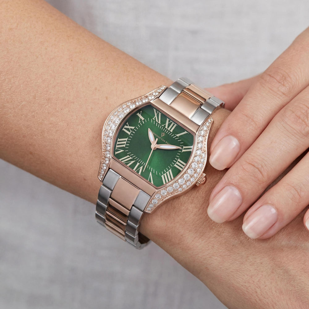 Reloj de pulsera para mujer Christian Van Sant, caja y pulsera de acero inoxidable, esfera verde, resistente al agua.