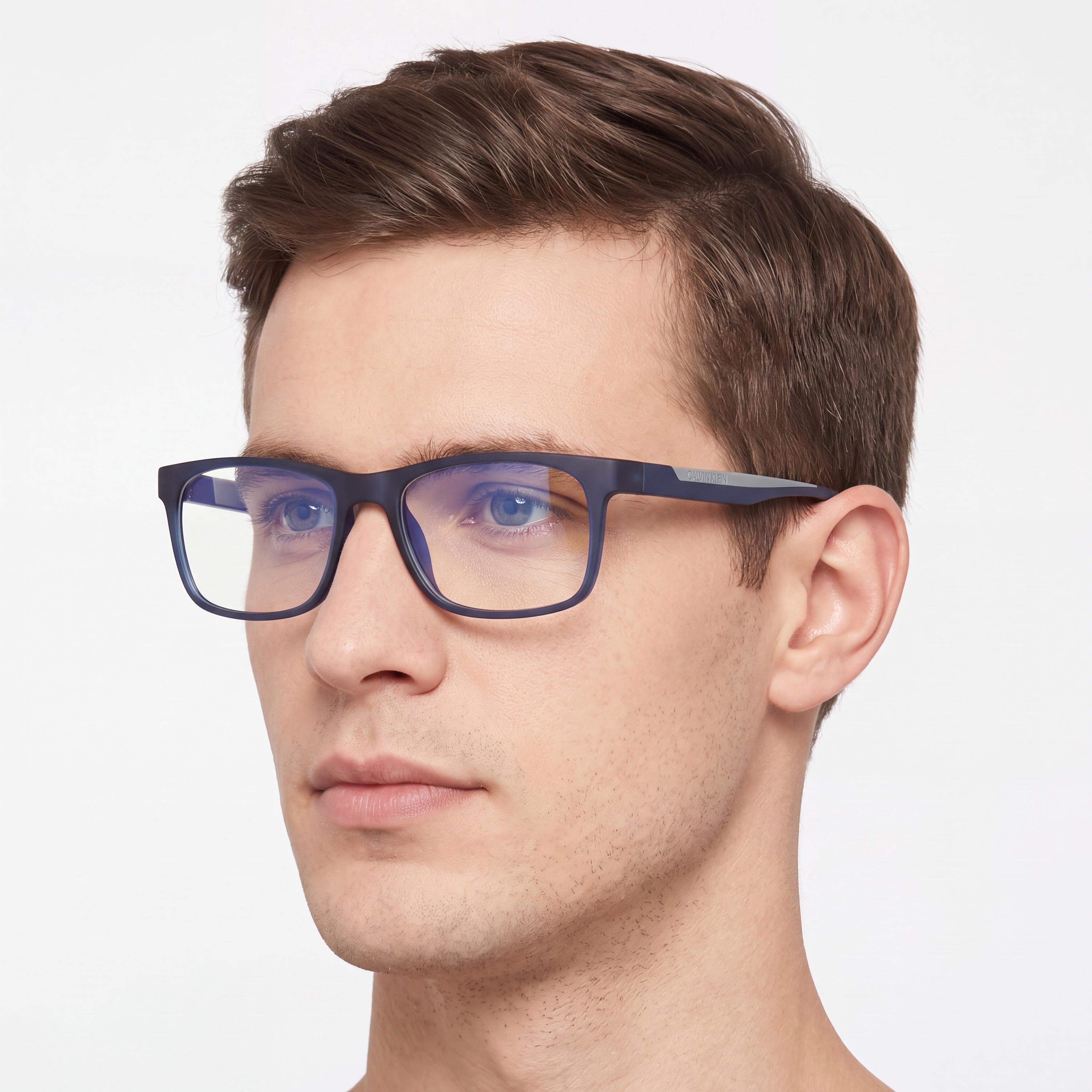 Calvin Klein UNPOLARIZED Men's Square Plastic Frame Non- Eyeglasses, Matte Crystal Navy, 52mm, Photo 4