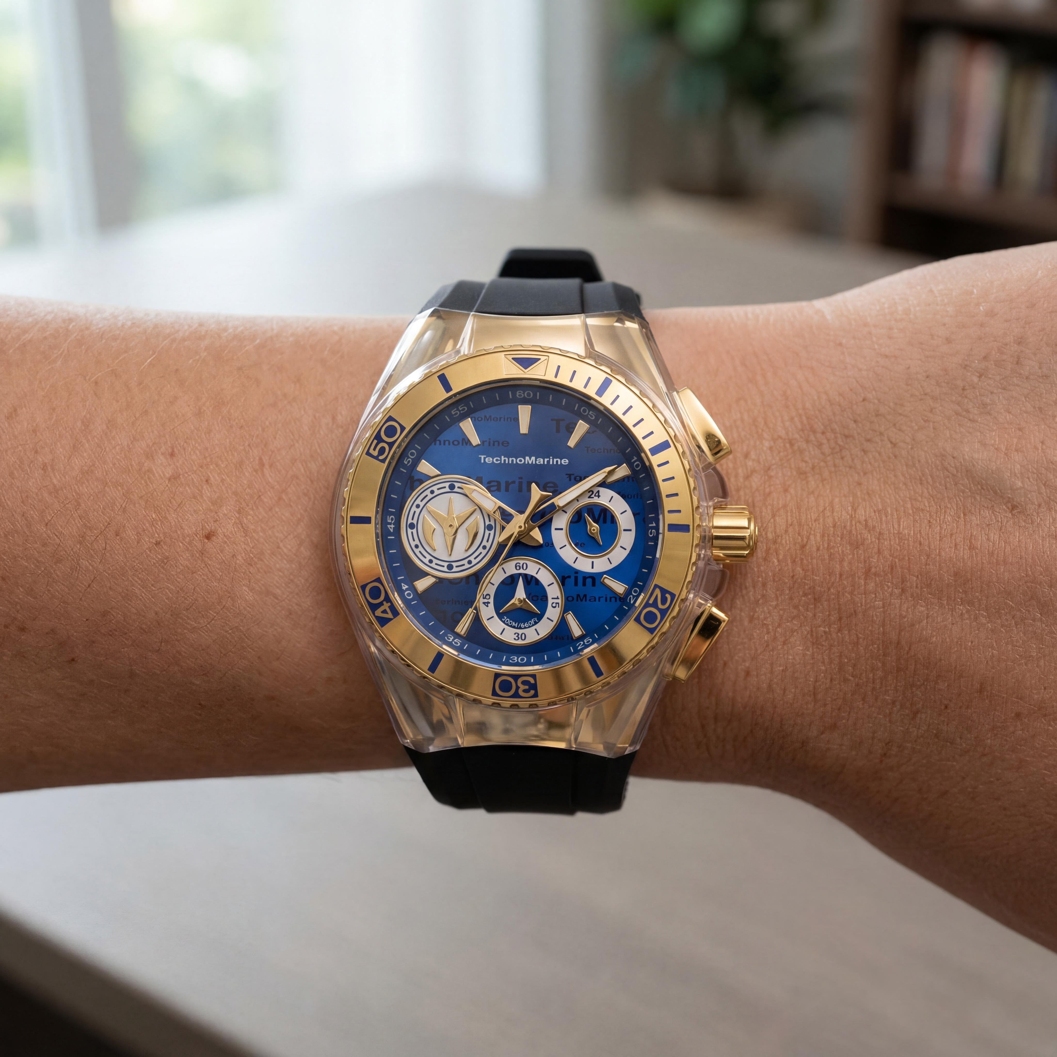 TechnoMarine Women's Quartz Watch Blue Mother-Of-Pearl Dial Black Silicone Strap Gold-Tone Steel Case 200M WR 40.57mm, Photo 4
