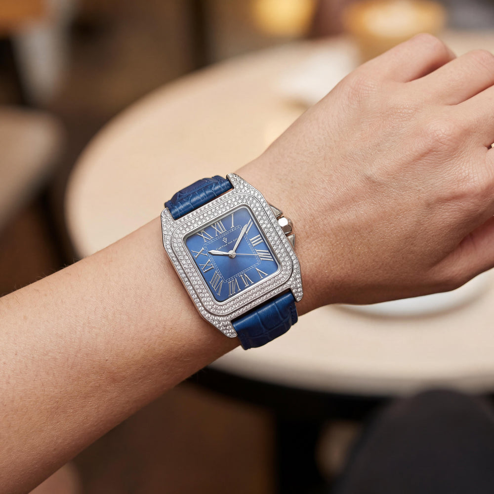 Christian Van Sant CV4421 Reloj Radieuse para mujer, esfera azul, movimiento de cuarzo, correa de cuero, bisel de cristal, resistente al agua, 41 mm
