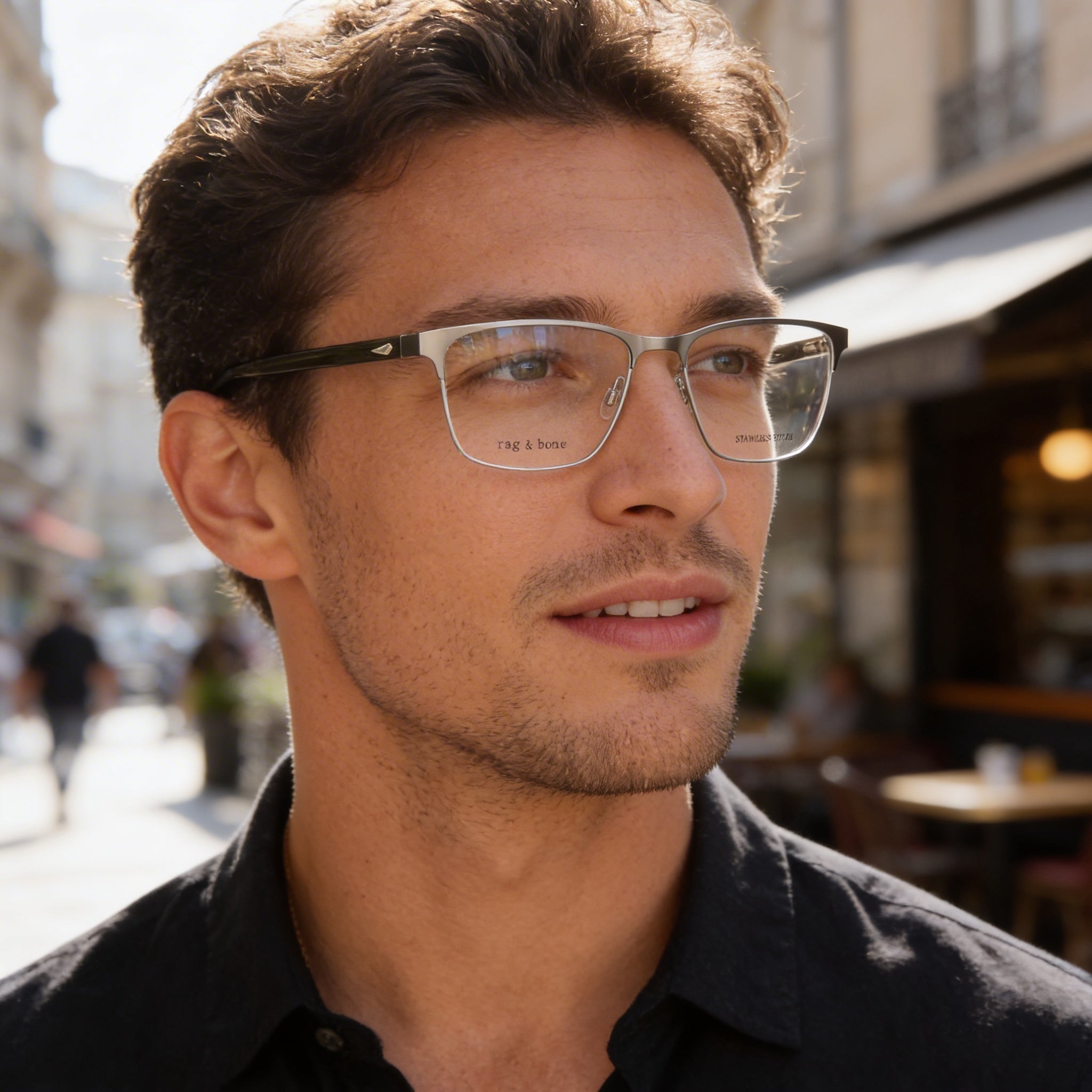rag & bone Casual Men's Black Sunglasses, featuring 54mm Lens Width, 17mm Bridge Width, and 145mm Temple Length, Photo 4