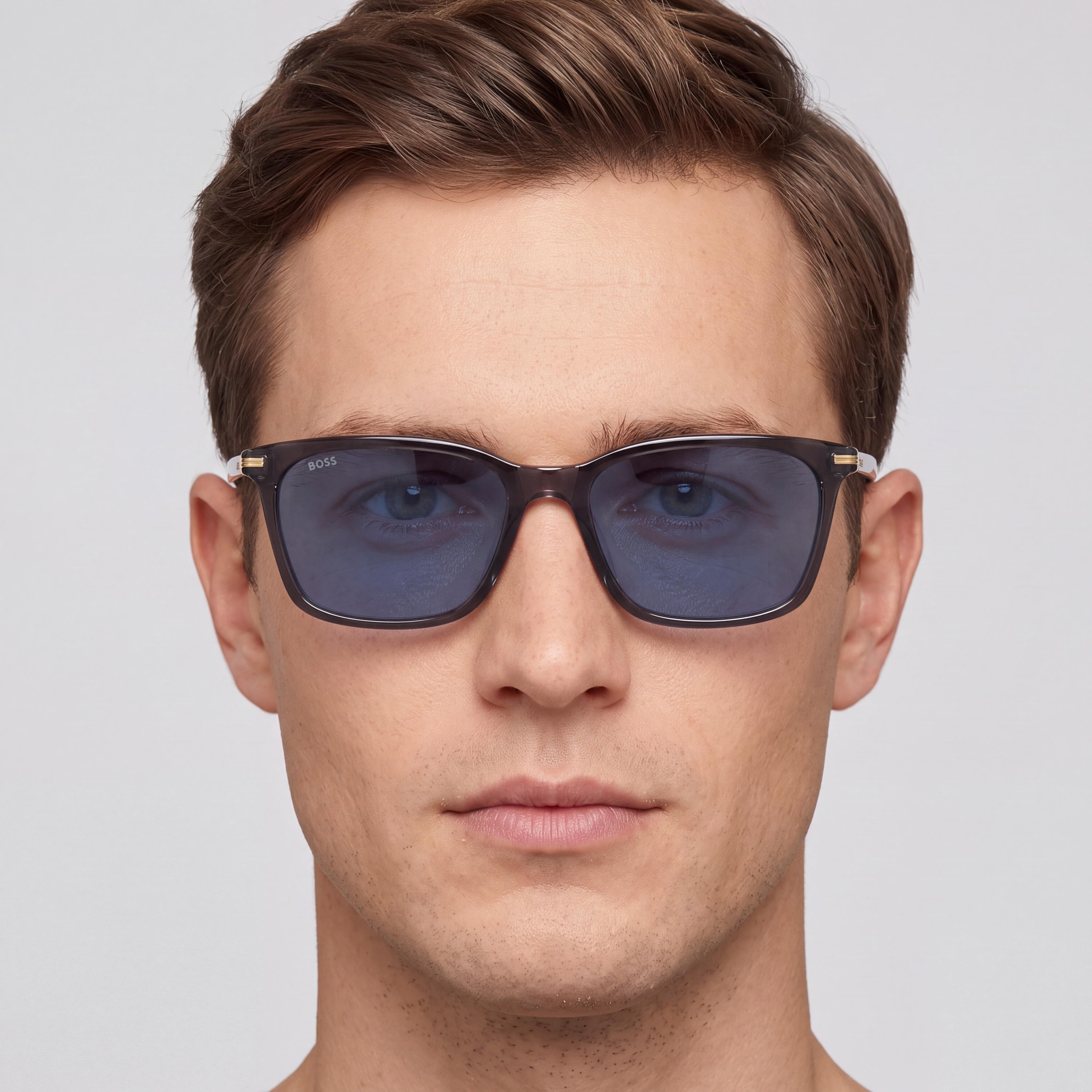 Hugo Boss BOSS 1669/F/SK Men's Grey Rectangular Eco Acetate Blue Lens UV Protection Sunglasses 56mm, Photo 3