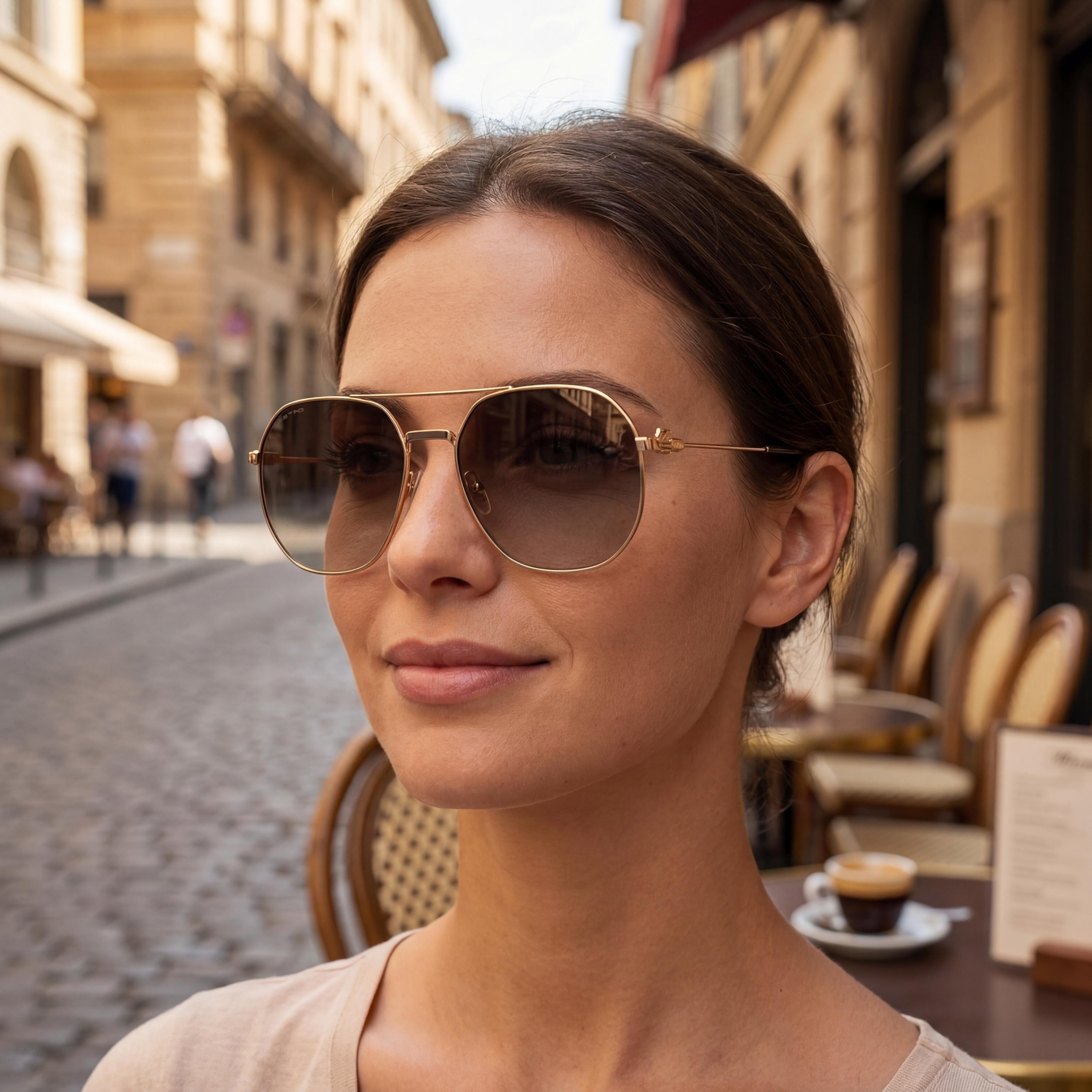 Gafas de sol Etro minimalistas para mujer con montura metálica Oro Cobre Lente burdeos naranja Ancho 60 mm, Photo 6