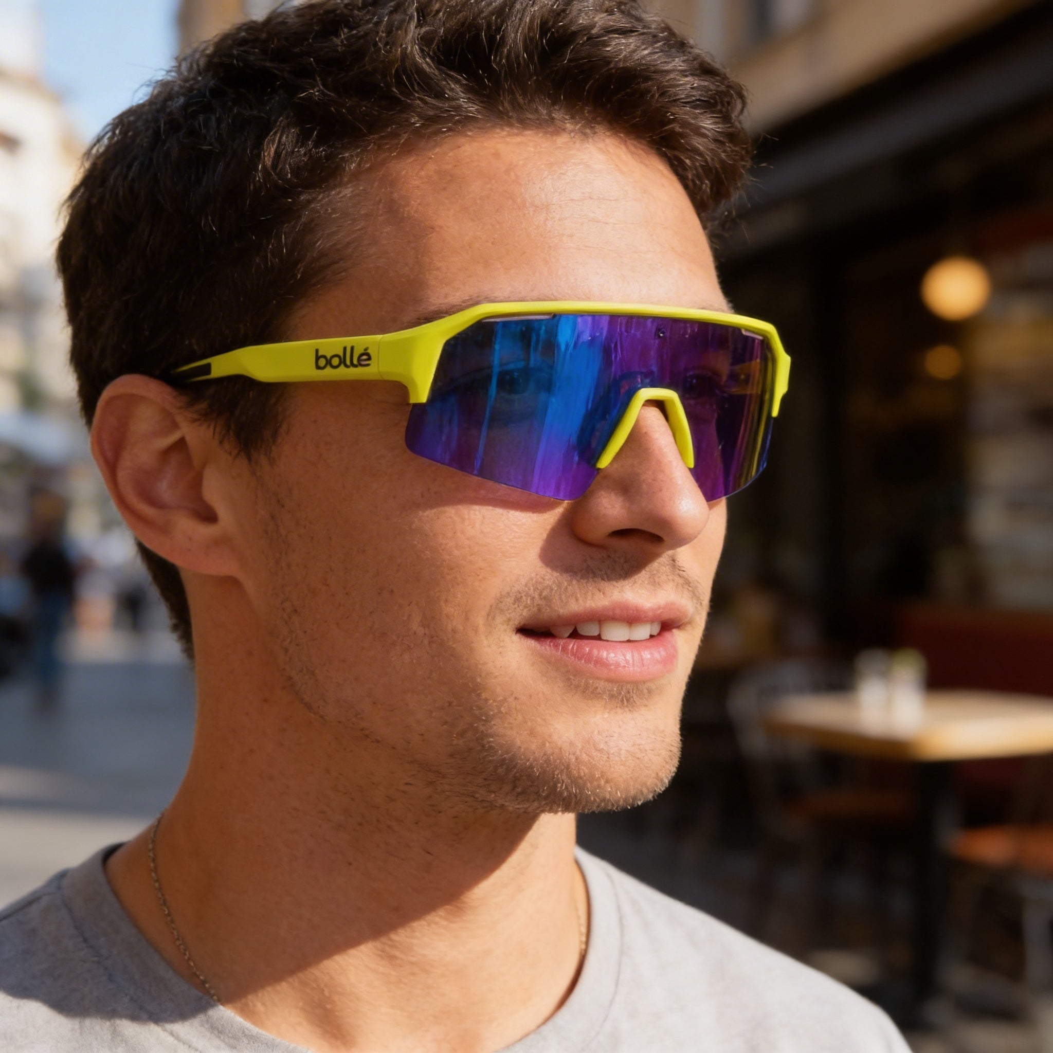 bollé Casual Men's Mountain Biking Sunglasses with Acid Yellow Matte Brown Blue Polycarbonate Frame and Brown Blue Non-Polarized Lenses 62mm, Photo 4