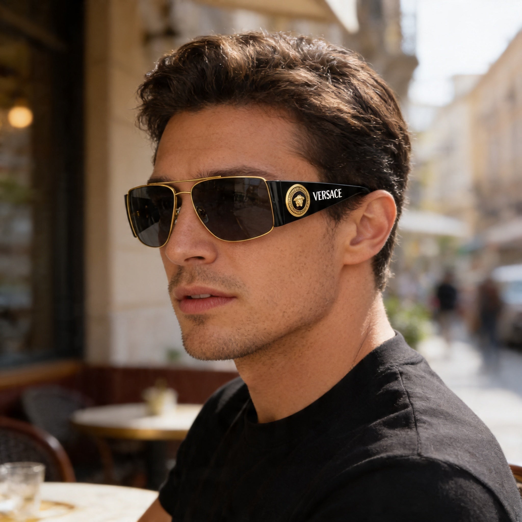 Versace VE2163 Men's Rectangle Style Gold Metal Frame Sunglasses with Grey Lens, UV Protection, 63mm, Photo 4