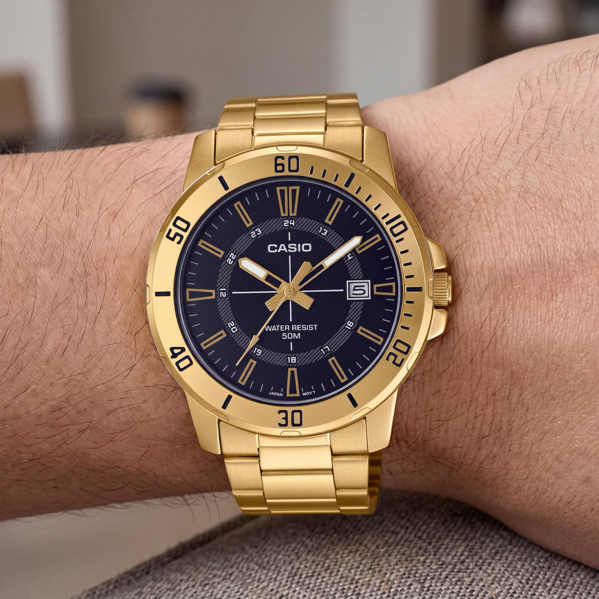 Casio MTP-VD01G-1CVUDF Men's Black Gold Tone Stainless Steel Bracelet Analog Chronograph Watch with Shock Resistance, Photo 3