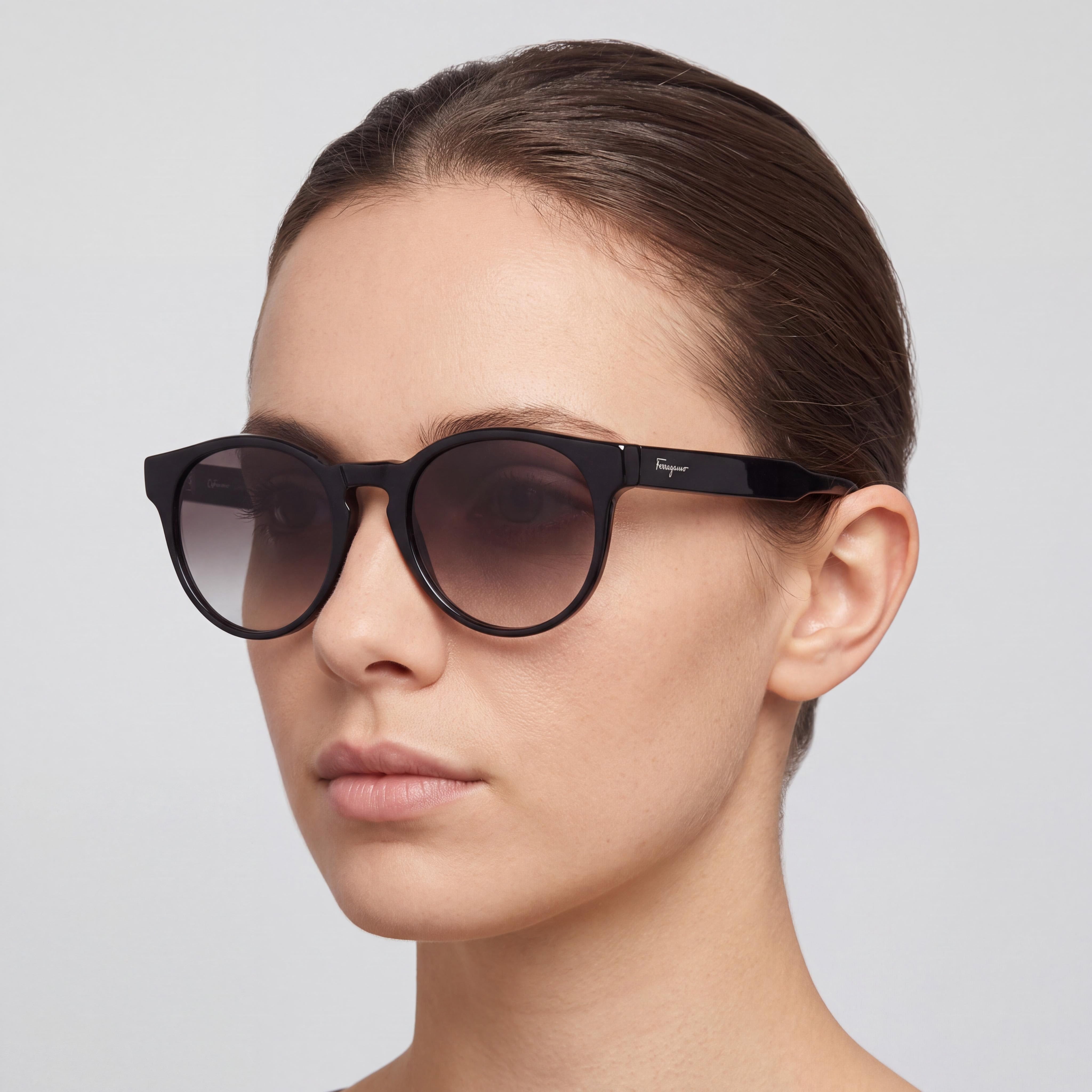 Salvatore Ferragamo Retro Women's Round Black Plastic Sunglasses, Grey Gradient 100% UV Protection Lenses 52mm, Photo 3