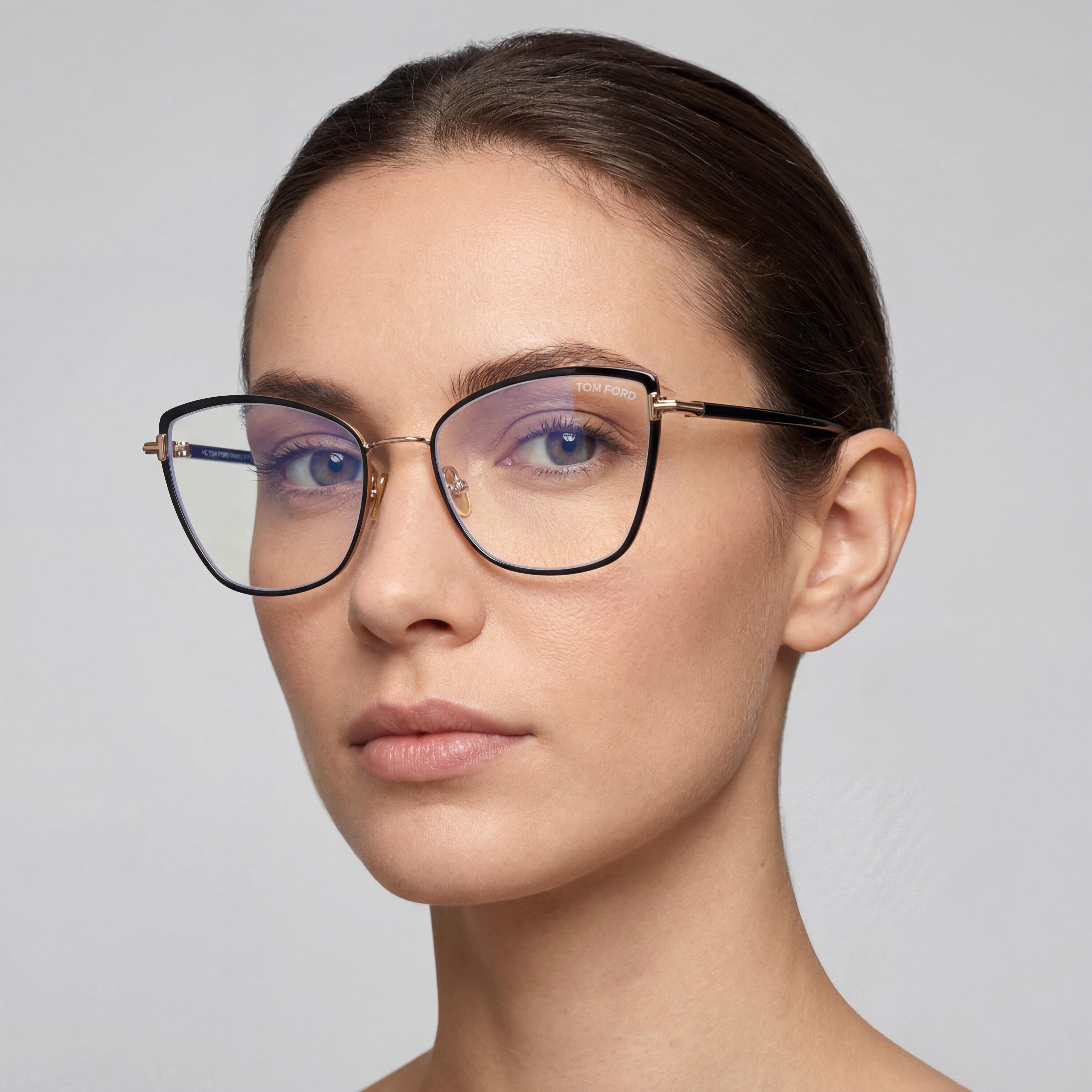 Gafas Tom Ford FT5740-B para mujer, estilo ojo de gato, de metal, con protección contra la luz azul, sin montura, esmaltadas en negro, oro rosa, 54 mm, Photo 5