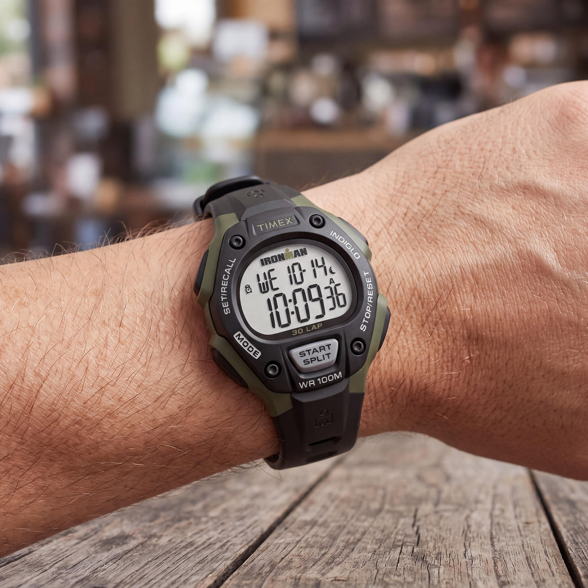 Timex Men's Chronograph Digital Watch with Indiglo Light-Up Dial, 38mm Black & Green Resin Case, Black Resin Strap, Photo 3