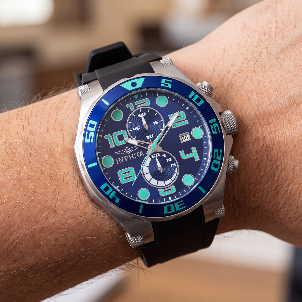 Invicta Men's 17813 Chronograph Glow 50mm Stainless Steel Blue Dial Black Polyurethane Bracelet Watch, Photo 3