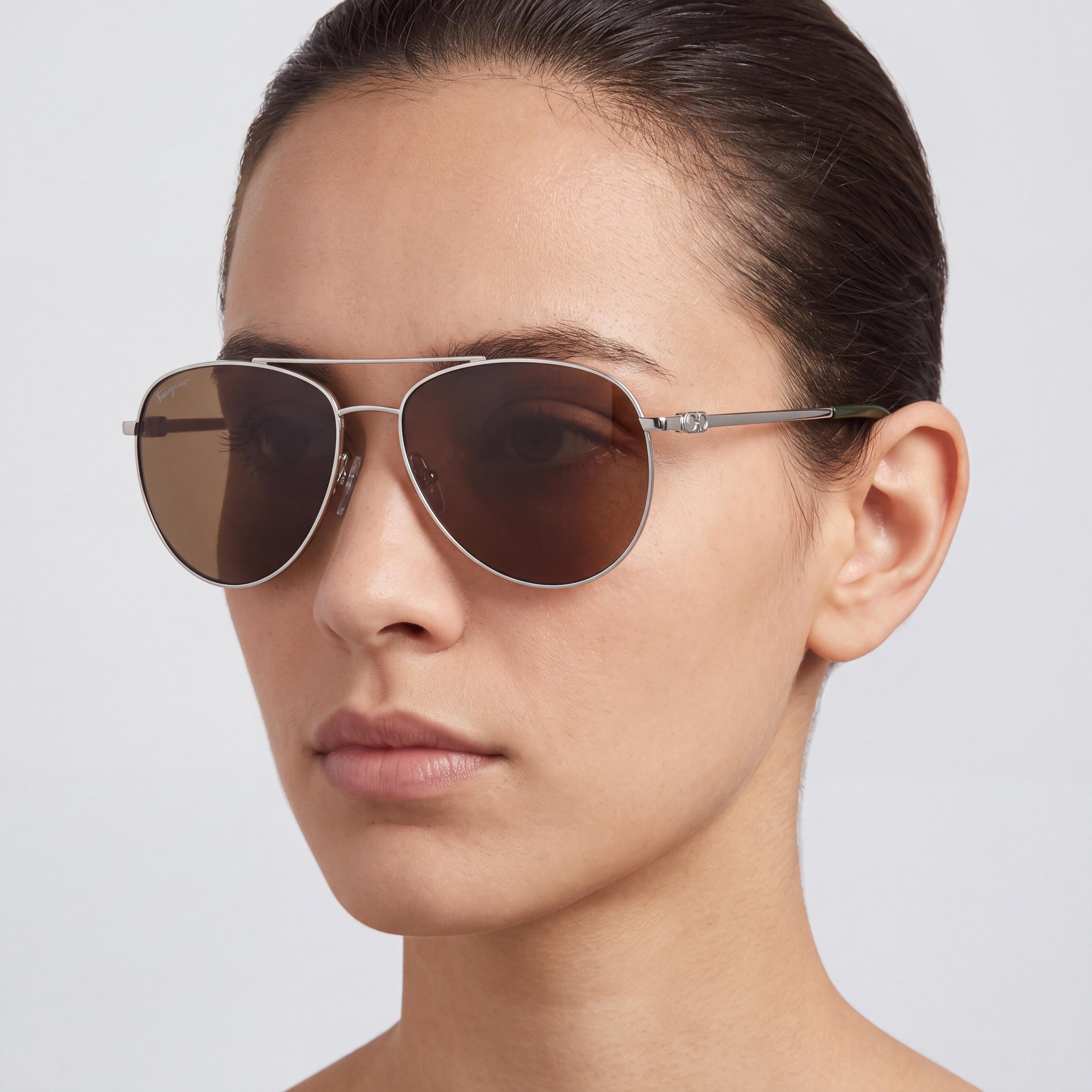 Salvatore Ferragamo Aviators Unisex Silver Metal Brown Lens UV Protection Sunglasses 60-15-140mm, Photo 5