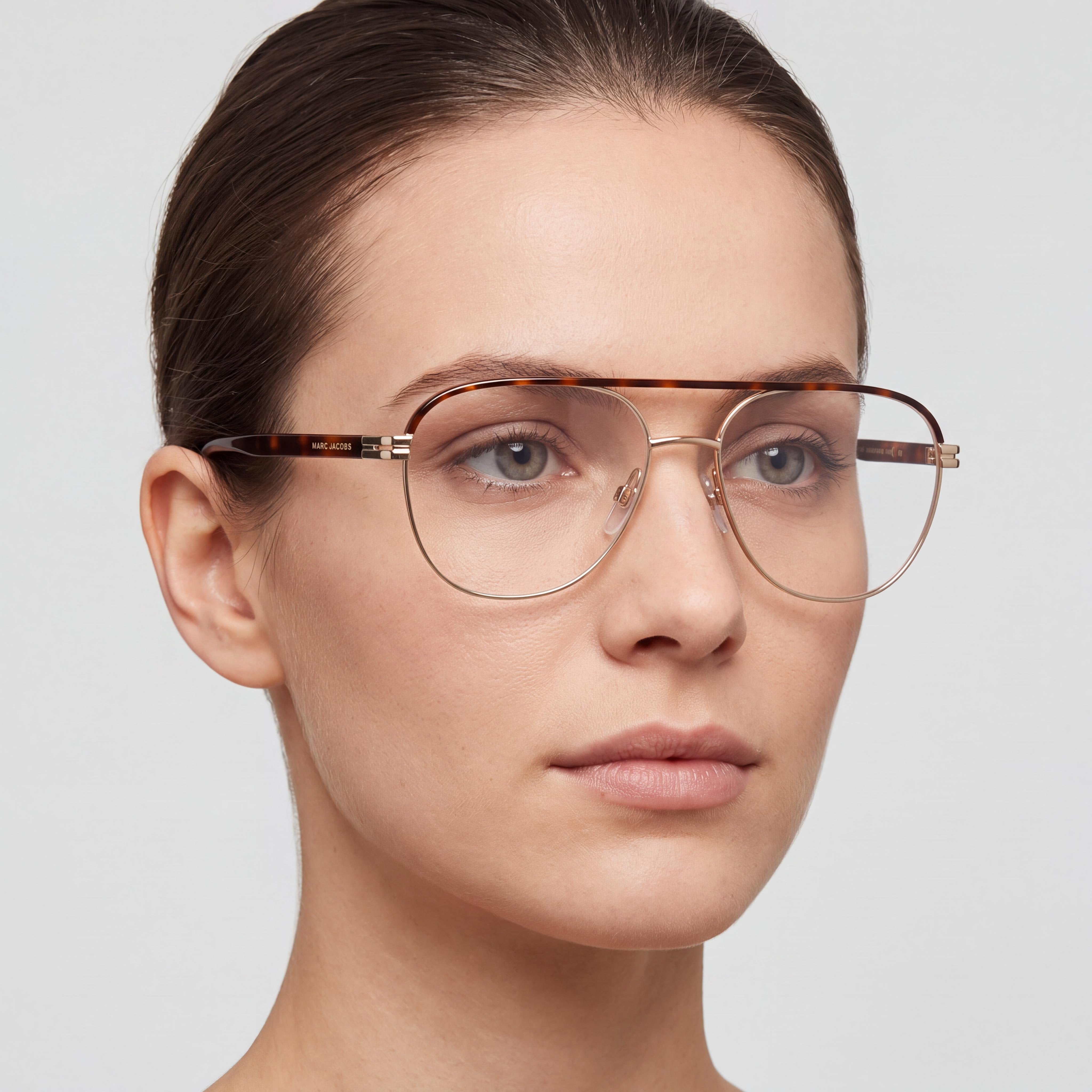Montura de gafas ópticas Marc Jacobs Modern para mujer de aleación de acero dorado habana con lentes de policarbonato, tamaño 57-16-145, Photo 4