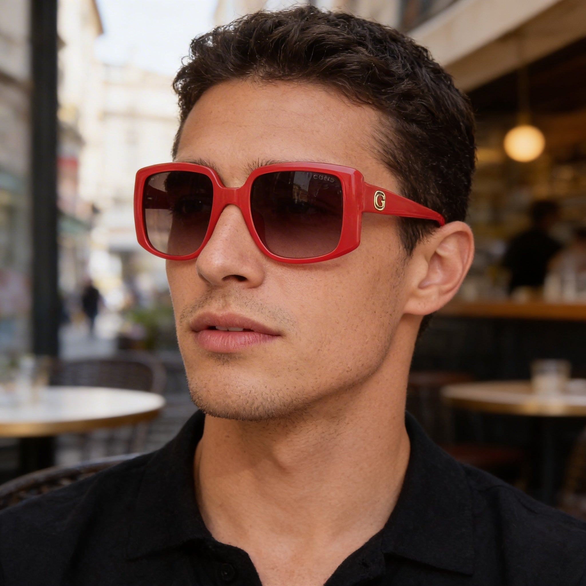 Gafas de sol GUESS modernas para hombre, montura de plástico monocolor rosa con lentes marrones degradadas con protección UV de 53mm, Photo 5