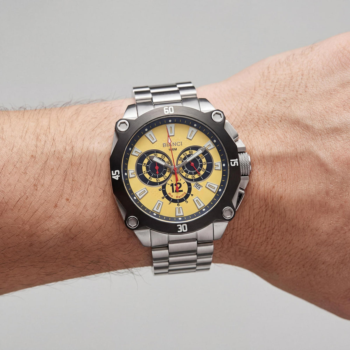 Roberto Bianci Men's Analog Chronograph Quartz Watch with Silver Stainless Steel Case & Bracelet, Yellow Dial, Photo 4
