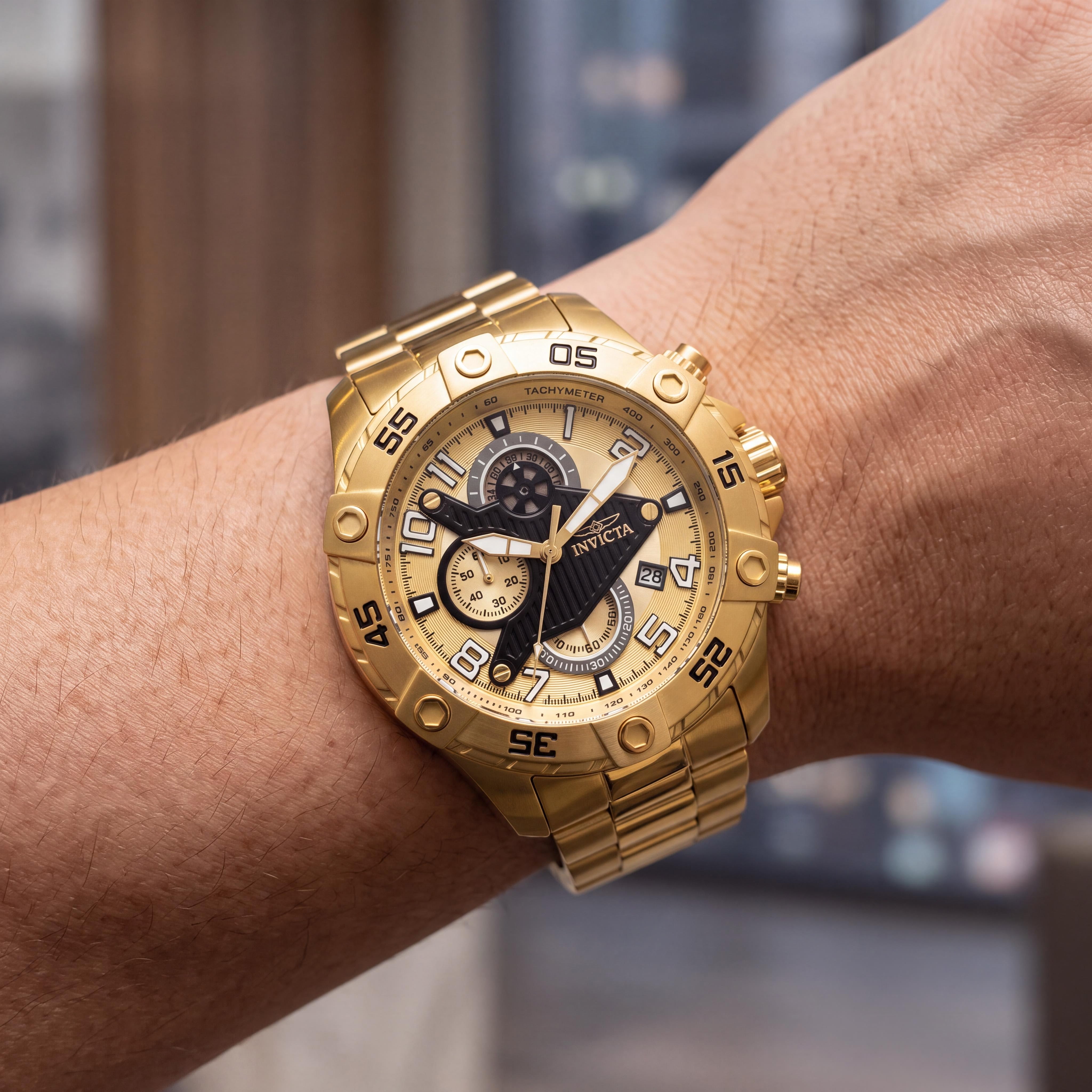 Invicta Reloj de pulsera para hombre, de cuarzo, cronógrafo, de acero inoxidable tono dorado, 48 mm, resistente al agua 10 ATM, Photo 4