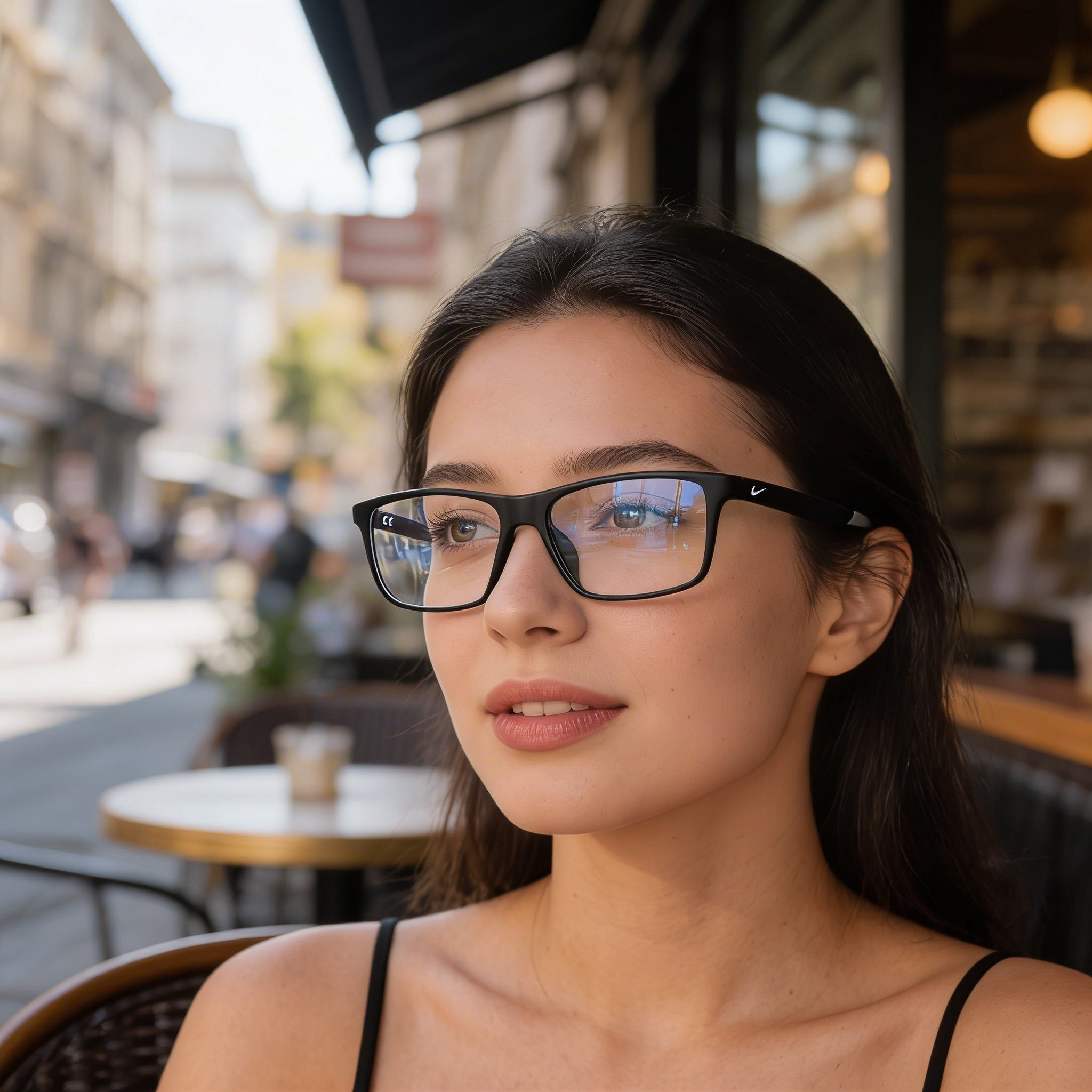 Nike Modern Women's Matte Black Plastic Full Rim Rectangle Eyeglasses with Polycarbonate Lenses 56mm, Photo 6