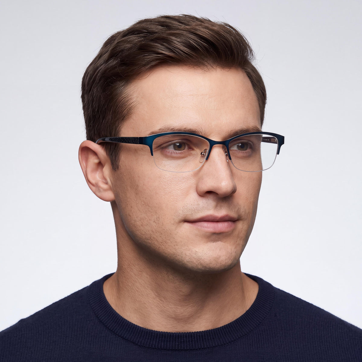 Adensco 200 Men's Metal Semi-Rimless Oval Modified Rx-Able Eyeglass Frames Satin Navy 52-17-135, Photo 4